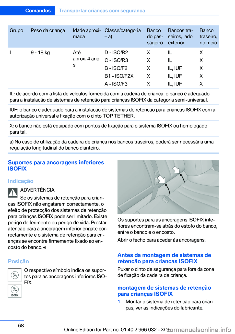 BMW X6 2016  Manual do condutor (in Portuguese) GrupoPeso da criançaIdade aproxi‐
madaClasse/categoria
– a)Banco
do pas‐
sageiroBancos tra‐
seiros, lado
exteriorBanco
traseiro,
no meioI9 - 18 kgAté
aprox. 4 ano
sD - ISO/R2
C - ISO/R3
B - 