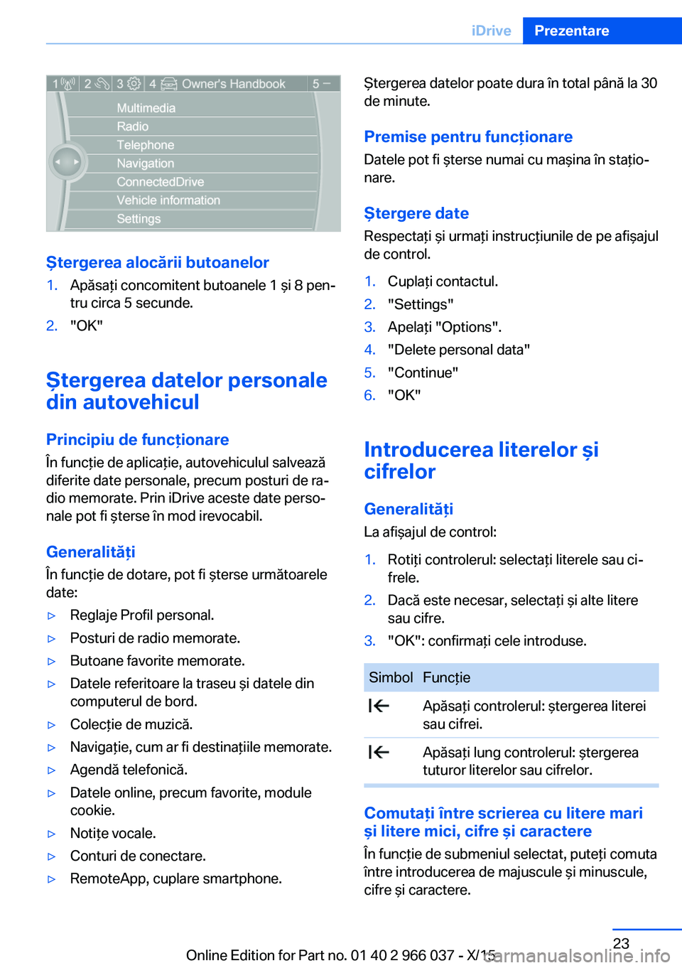 BMW X6 2016  Ghiduri De Utilizare (in Romanian) Ştergerea alocării butoanelor
1.Apăsaţi concomitent butoanele 1 şi 8 pen‐
tru circa 5 secunde.2."OK"
Ştergerea datelor personale
din autovehicul
Principiu de funcţionare În funcţie 