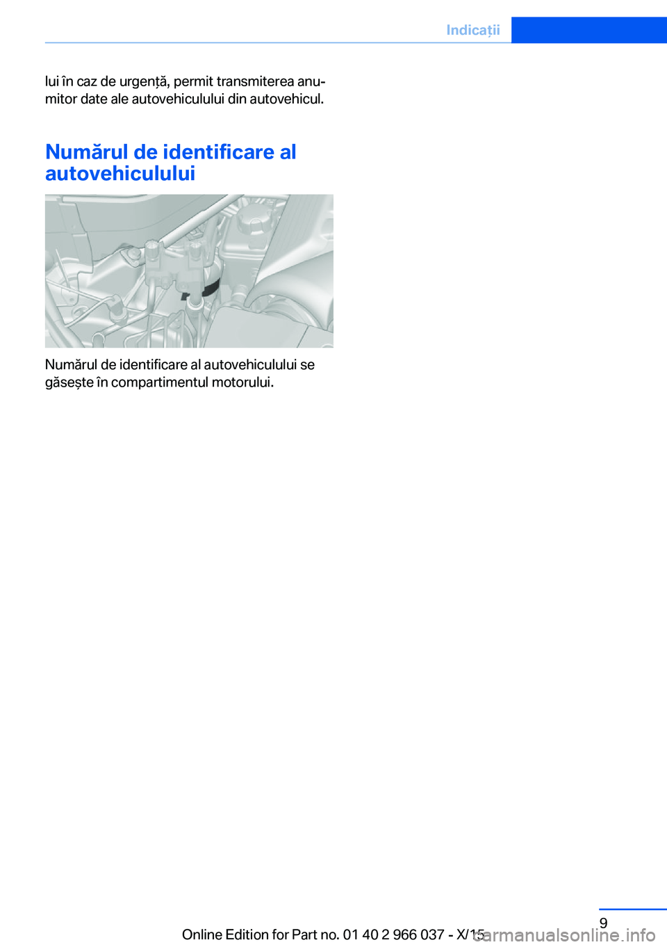 BMW X6 2016 Ghiduri De Utilizare (in Romanian) lui în caz de urgenţă, permit transmiterea anu‐
mitor date ale autovehiculului din autovehicul.
Numărul de identificare al
autovehiculului
Numărul de identificare al autovehiculului se
găseşt BMW X6 2016 Ghiduri De Utilizare (in Romanian) lui în caz de urgenţă, permit transmiterea anu‐
mitor date ale autovehiculului din autovehicul.
Numărul de identificare al
autovehiculului
Numărul de identificare al autovehiculului se
găseşt