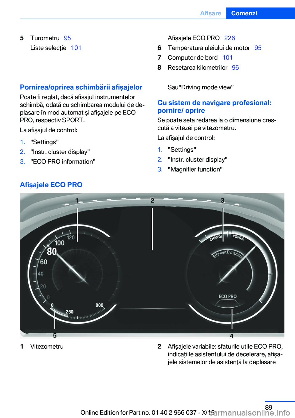 BMW X6 2016  Ghiduri De Utilizare (in Romanian) 5Turometru  95
Liste selecţie   101Afişajele ECO PRO   2266Temperatura uleiului de motor   957Computer de bord  1018Resetarea kilometrilor   96Pornirea/oprirea schimbării af