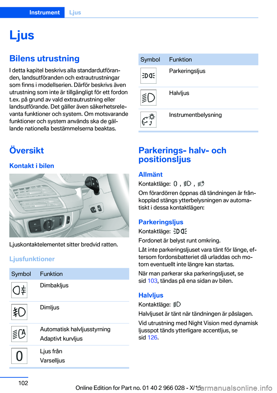 BMW X6 2016  InstruktionsbÖcker (in Swedish) LjusBilens utrustningI detta kapitel beskrivs alla standardutföran‐
den, landsutföranden och extrautrustningar
som finns i modellserien. Därför beskrivs även
utrustning som inte är tillgängli