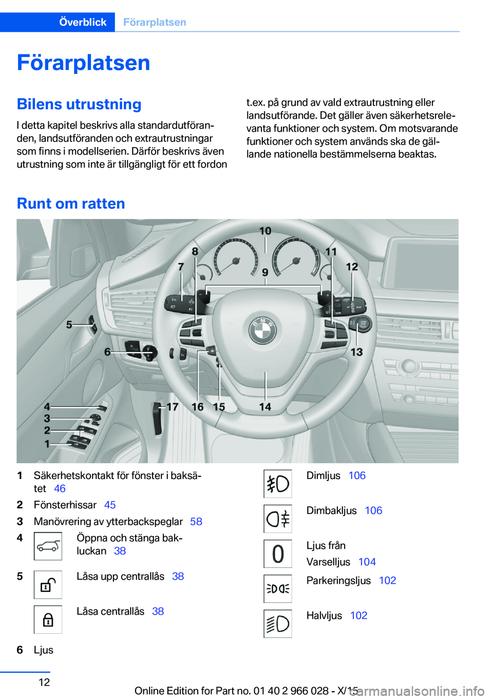 BMW X6 2016 InstruktionsbÖcker (in Swedish) FörarplatsenBilens utrustningI detta kapitel beskrivs alla standardutföran‐
den, landsutföranden och extrautrustningar
som finns i modellserien. Därför beskrivs även
utrustning som inte är ti BMW X6 2016 InstruktionsbÖcker (in Swedish) FörarplatsenBilens utrustningI detta kapitel beskrivs alla standardutföran‐
den, landsutföranden och extrautrustningar
som finns i modellserien. Därför beskrivs även
utrustning som inte är ti