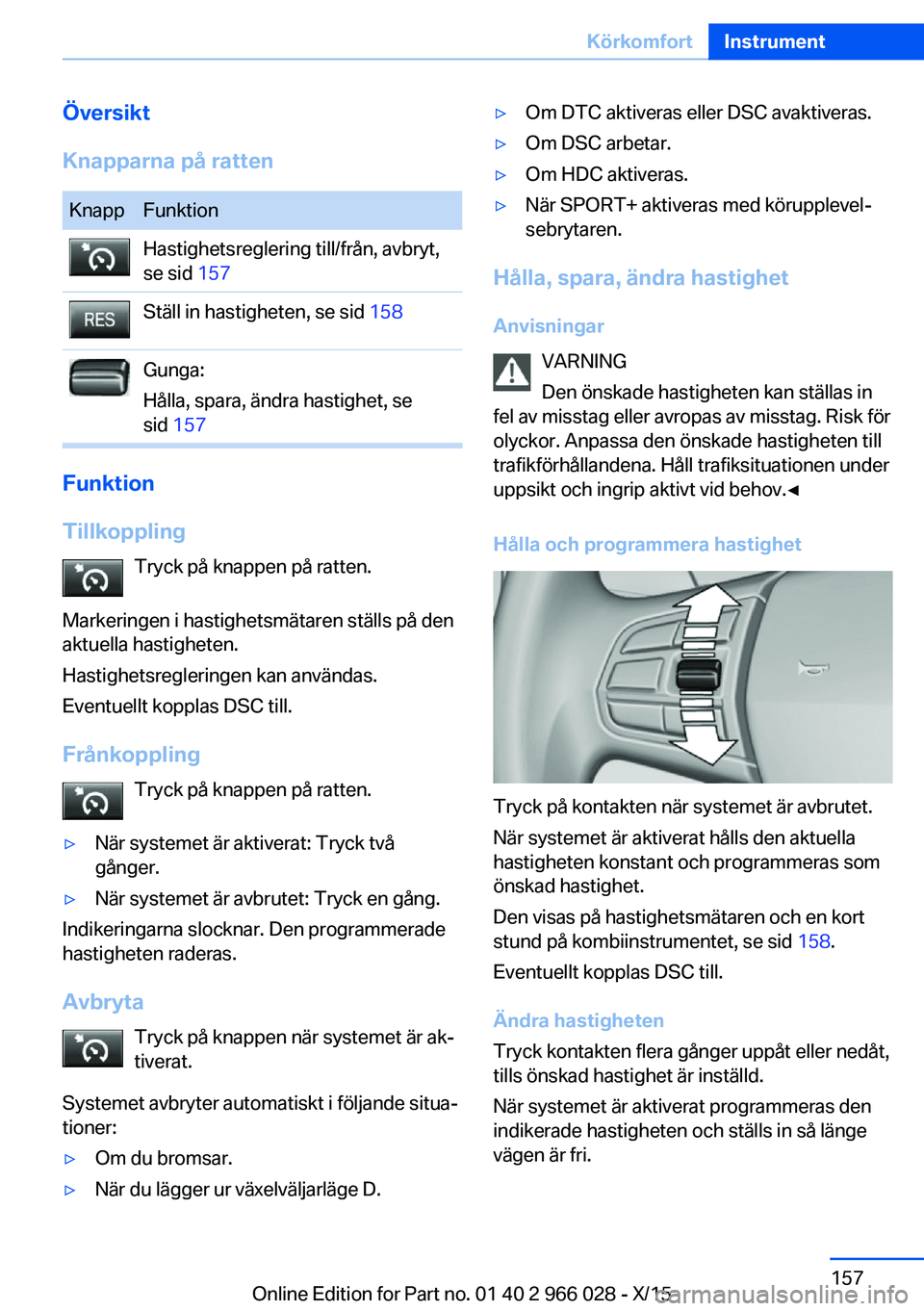 BMW X6 2016 InstruktionsbÖcker (in Swedish) Översikt
Knapparna på rattenKnappFunktionHastighetsreglering till/från, avbryt,
se sid 157Ställ in hastigheten, se sid 158Gunga:
Hålla, spara, ändra hastighet, se
sid 157
Funktion
Tillkopplin BMW X6 2016 InstruktionsbÖcker (in Swedish) Översikt
Knapparna på rattenKnappFunktionHastighetsreglering till/från, avbryt,
se sid 157Ställ in hastigheten, se sid 158Gunga:
Hålla, spara, ändra hastighet, se
sid 157
Funktion
Tillkopplin