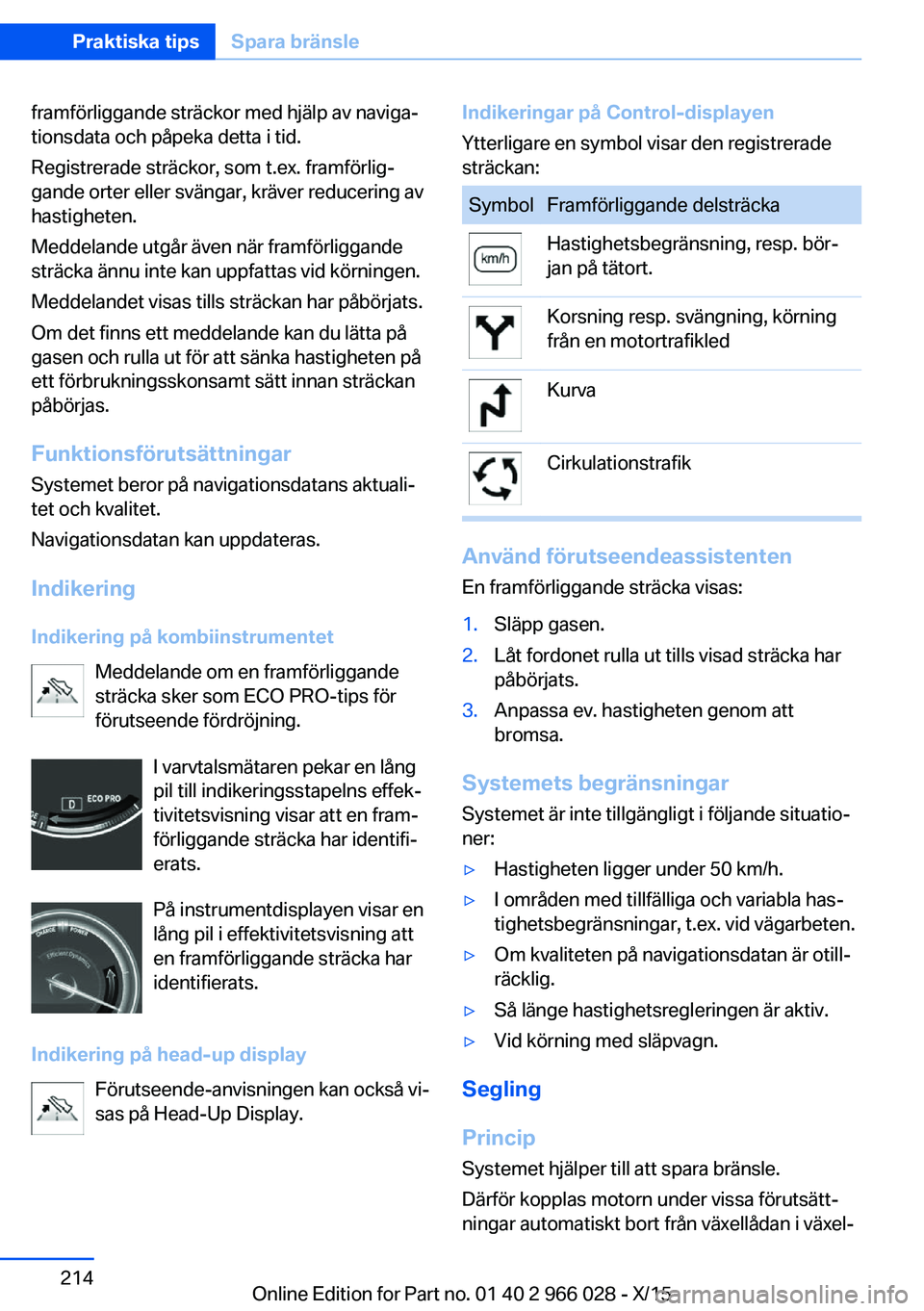 BMW X6 2016 InstruktionsbÖcker (in Swedish) framförliggande sträckor med hjälp av naviga‐
tionsdata och påpeka detta i tid.
Registrerade sträckor, som t.ex. framförlig‐
gande orter eller svängar, kräver reducering av
hastigheten.
Me BMW X6 2016 InstruktionsbÖcker (in Swedish) framförliggande sträckor med hjälp av naviga‐
tionsdata och påpeka detta i tid.
Registrerade sträckor, som t.ex. framförlig‐
gande orter eller svängar, kräver reducering av
hastigheten.
Me