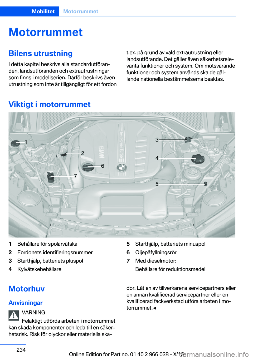 BMW X6 2016 InstruktionsbÖcker (in Swedish) MotorrummetBilens utrustning
I detta kapitel beskrivs alla standardutföran‐
den, landsutföranden och extrautrustningar
som finns i modellserien. Därför beskrivs även
utrustning som inte är til BMW X6 2016 InstruktionsbÖcker (in Swedish) MotorrummetBilens utrustning
I detta kapitel beskrivs alla standardutföran‐
den, landsutföranden och extrautrustningar
som finns i modellserien. Därför beskrivs även
utrustning som inte är til