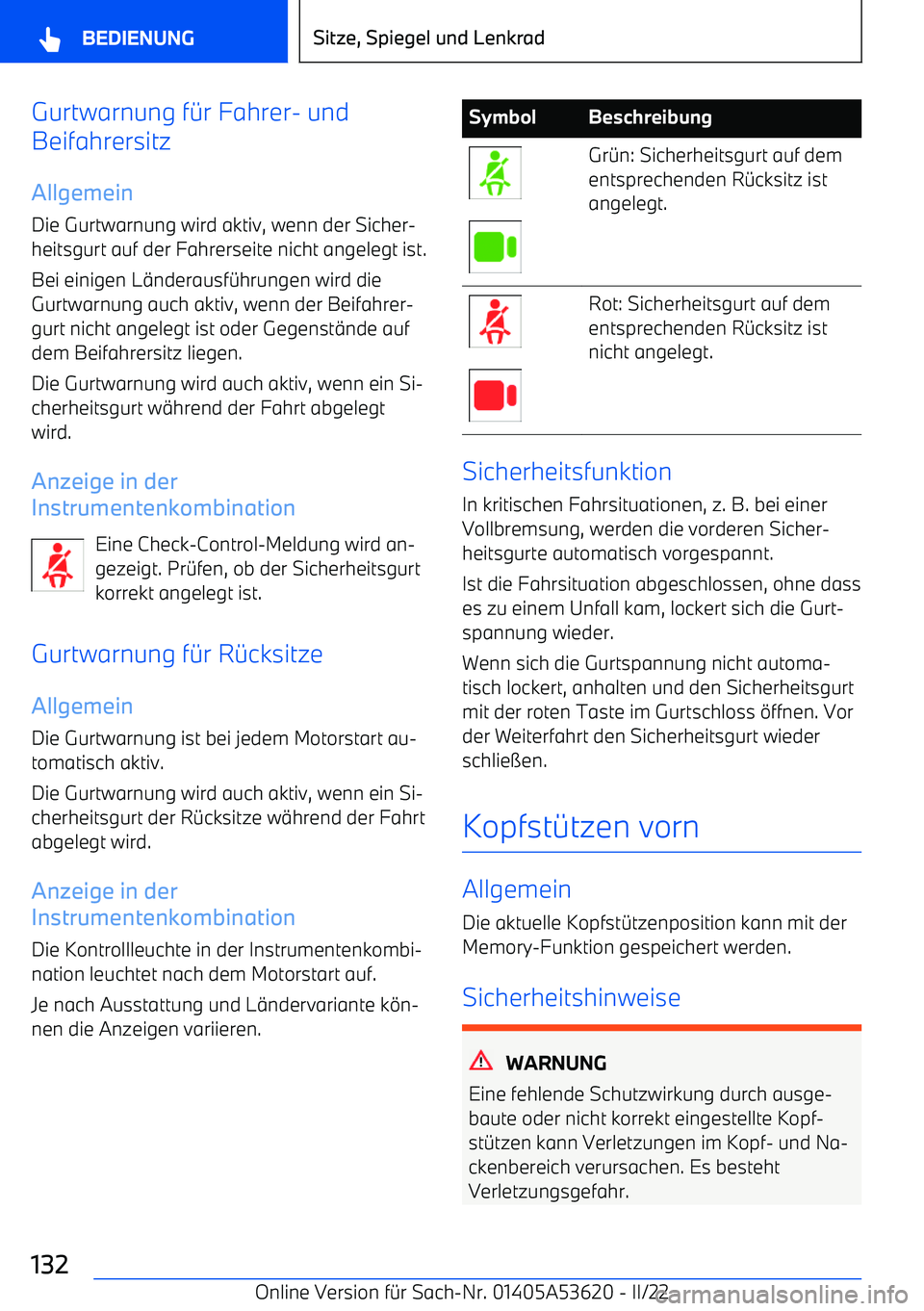 BMW X6 M 2022  Betriebsanleitungen (in German) Gurtwarnung f
