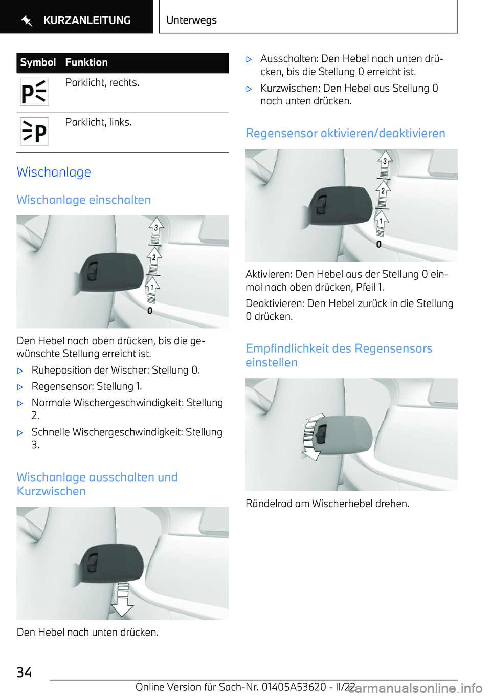 BMW X6 M 2022  Betriebsanleitungen (in German) SymbolFunktionParklicht, rechts.Parklicht, links.
WischanlageWischanlage einschalten
Den Hebel nach oben dr