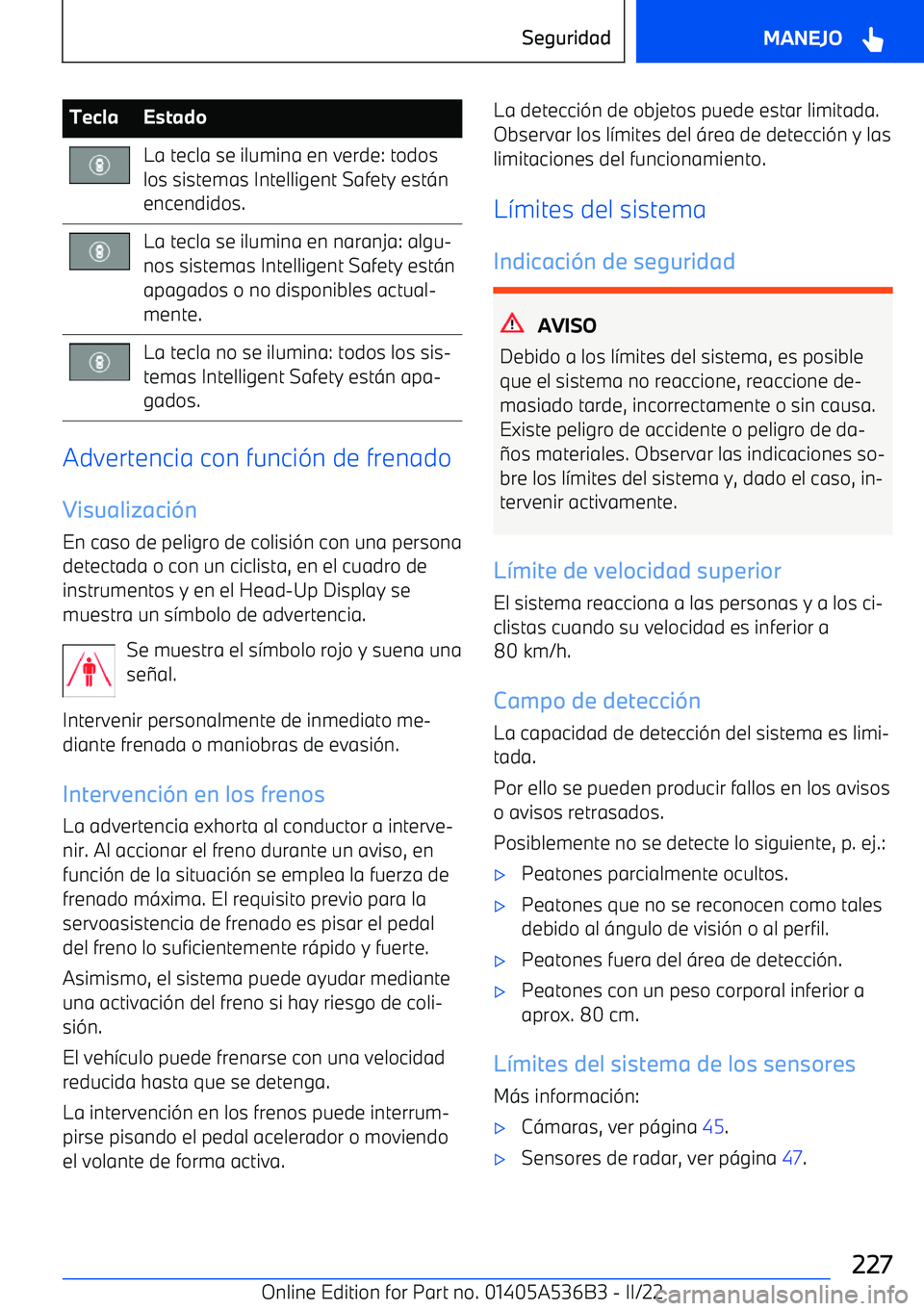 BMW X6 M 2022 Manuales de Empleo (in Spanish) TeclaEstadoLa tecla se ilumina en verde: todos
los sistemas Intelligent Safety est BMW X6 M 2022 Manuales de Empleo (in Spanish) TeclaEstadoLa tecla se ilumina en verde: todos
los sistemas Intelligent Safety est