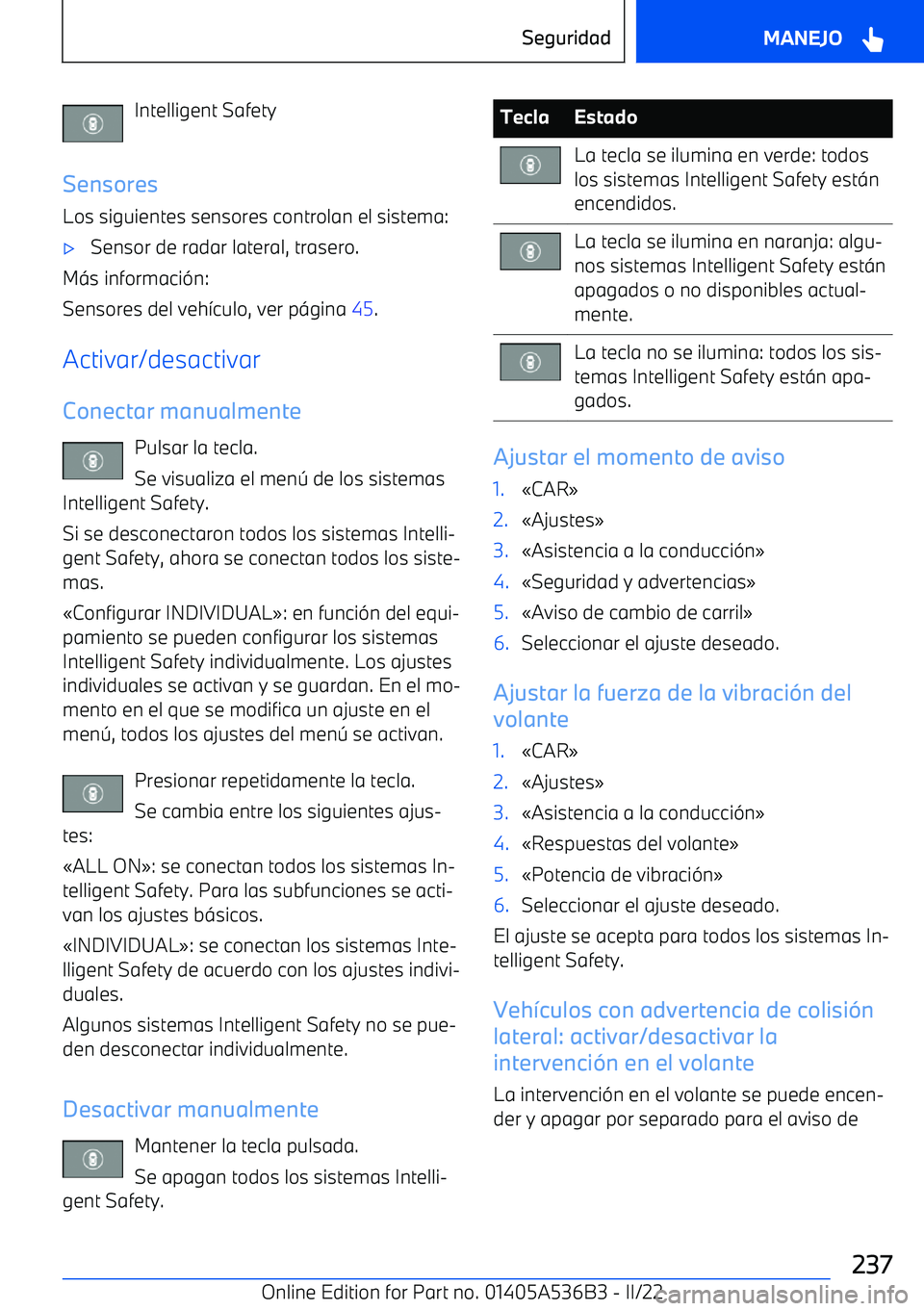 BMW X6 M 2022 Manuales de Empleo (in Spanish) Intelligent Safety
Sensores Los siguientes sensores controlan el sistema: BMW X6 M 2022 Manuales de Empleo (in Spanish) Intelligent Safety
Sensores Los siguientes sensores controlan el sistema: