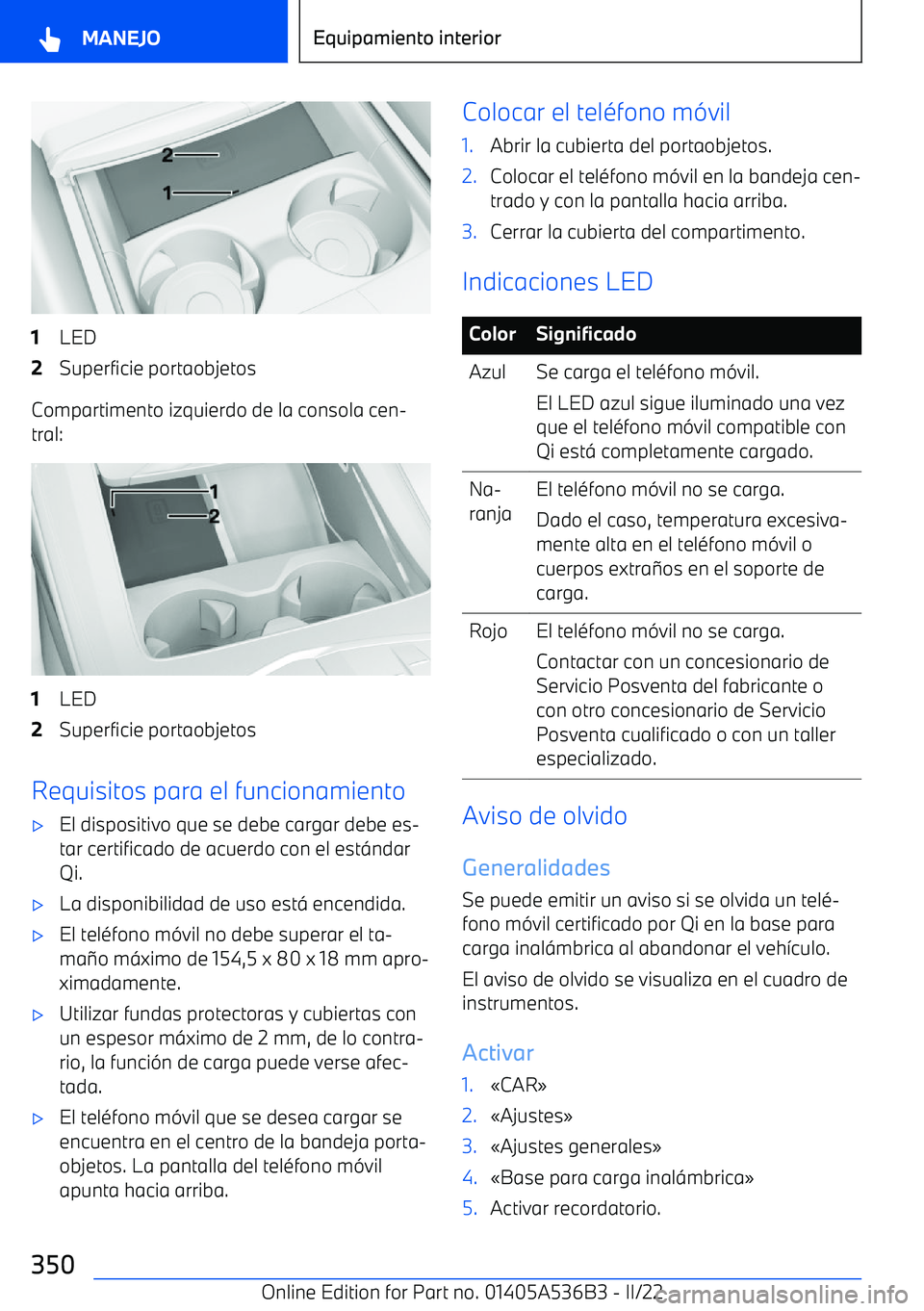 BMW X6 M 2022  Manuales de Empleo (in Spanish) 1LED2Superficie portaobjetos
Compartimento izquierdo de la consola cen