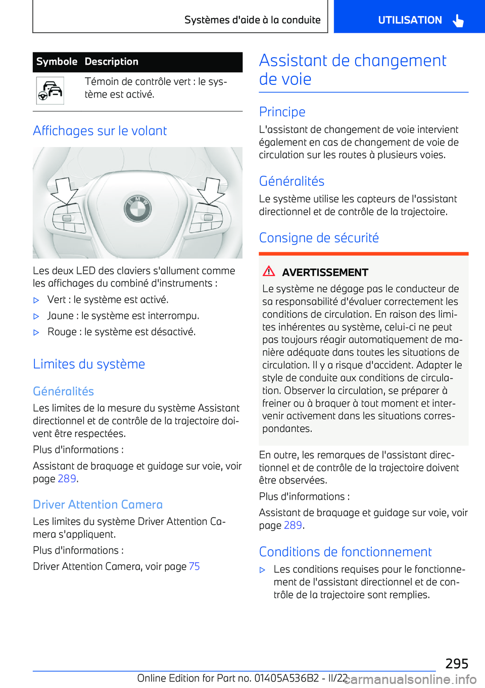 BMW X6 M 2022  Notices Demploi (in French) SymboleDescriptionTémoin de contrle vert : le sys