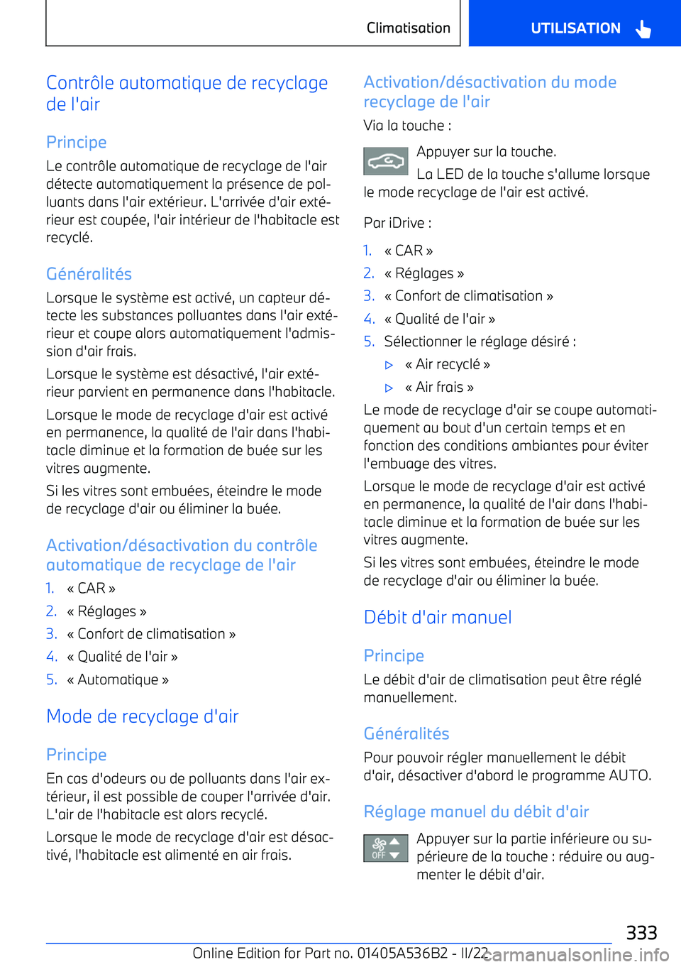BMW X6 M 2022  Notices Demploi (in French) Contrle automatique de recyclage
de l