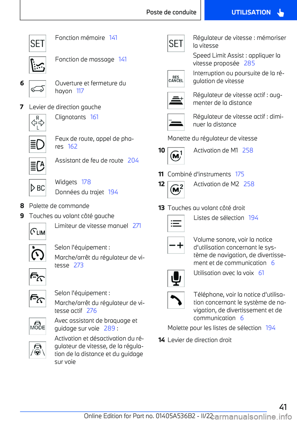 BMW X6 M 2022  Notices Demploi (in French) Fonction mémoire   141Fonction de massage    1416Ouverture et fermeture du
hayon    1177Levier de direction gaucheClignotants    161Feux de route, appel de pha