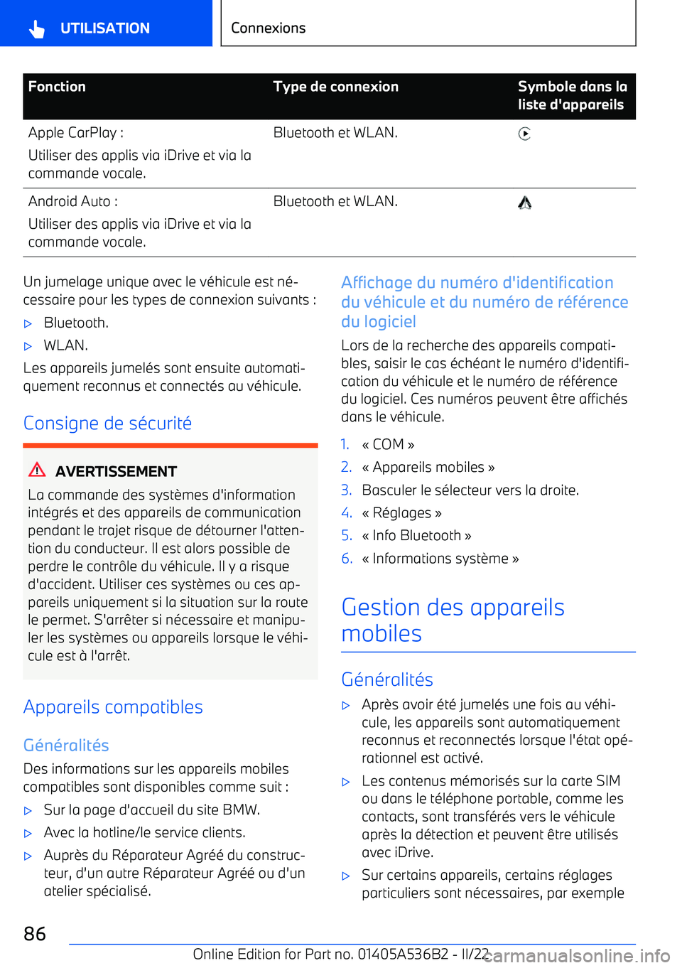 BMW X6 M 2022 Notices Demploi (in French) FonctionType de connexionSymbole dans la
liste d BMW X6 M 2022 Notices Demploi (in French) FonctionType de connexionSymbole dans la
liste d