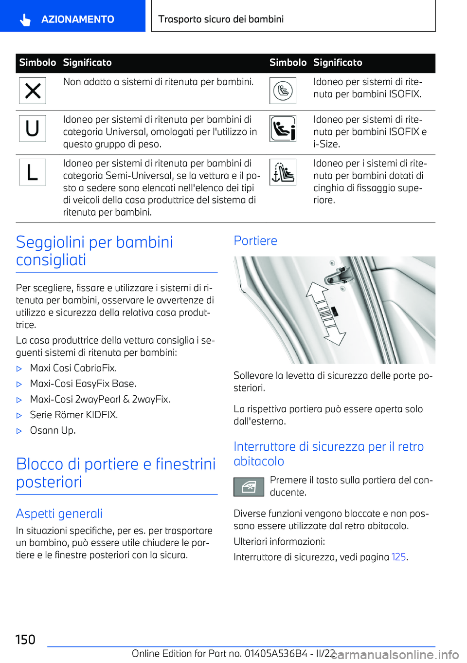 BMW X6 M 2022  Libretti Di Uso E manutenzione (in Italian) SimboloSignificatoSimboloSignificatoNon adatto a sistemi di ritenuta per bambini.Idoneo per sistemi di rite