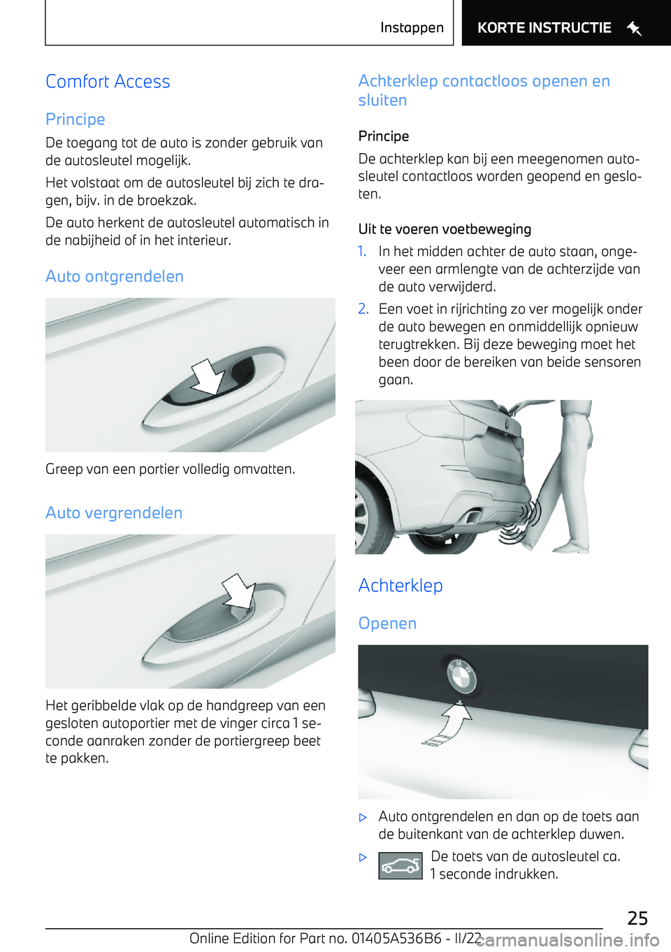 BMW X6 M 2022  Instructieboekjes (in Dutch) Comfort AccessPrincipe
De toegang tot de auto is zonder gebruik van
de autosleutel mogelijk.
Het volstaat om de autosleutel bij zich te dra