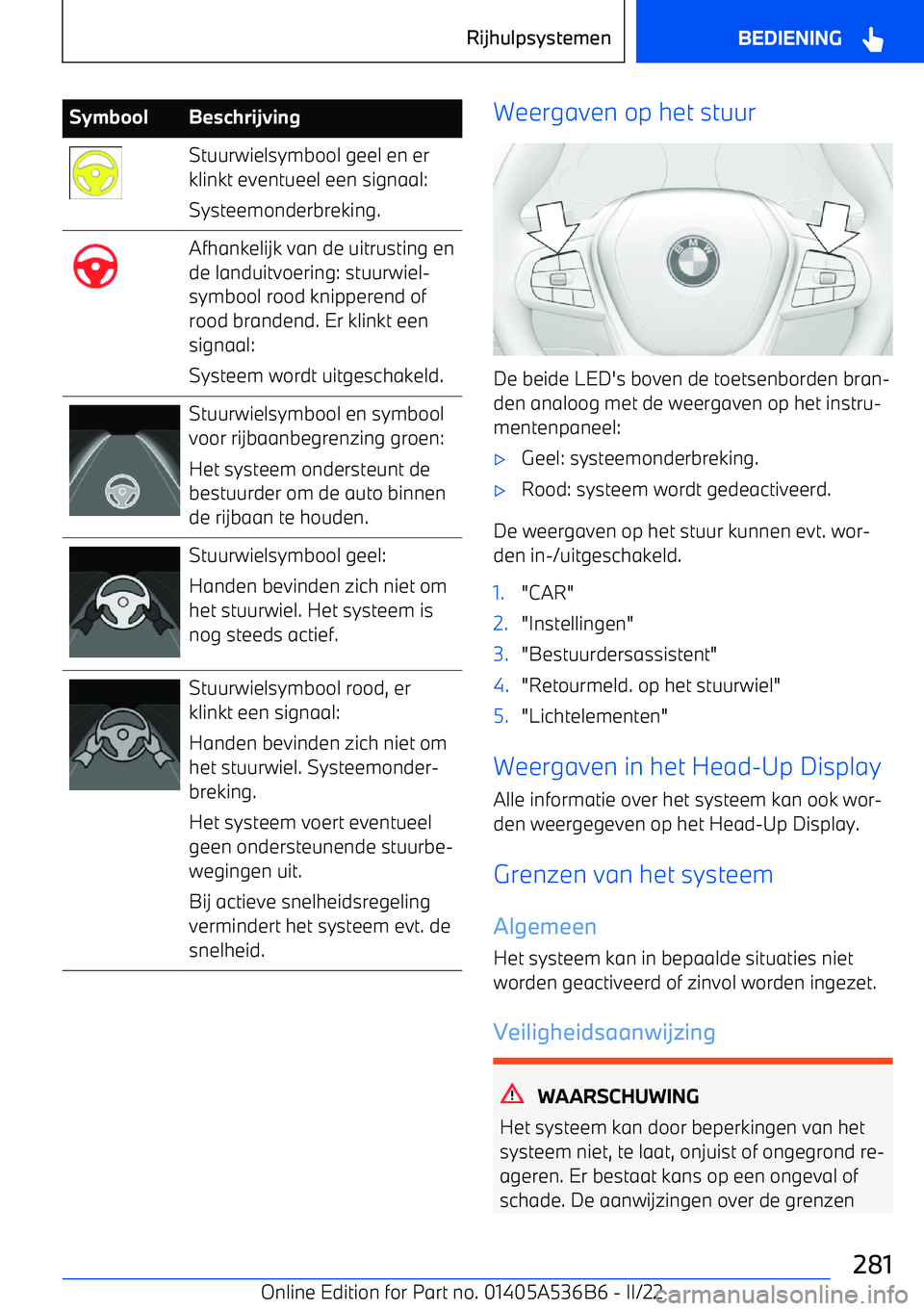 BMW X6 M 2022 Instructieboekjes (in Dutch) SymboolBeschrijvingStuurwielsymbool geel en er
klinkt eventueel een signaal:
Systeemonderbreking.Afhankelijk van de uitrusting en
de landuitvoering: stuurwiel BMW X6 M 2022 Instructieboekjes (in Dutch) SymboolBeschrijvingStuurwielsymbool geel en er
klinkt eventueel een signaal:
Systeemonderbreking.Afhankelijk van de uitrusting en
de landuitvoering: stuurwiel