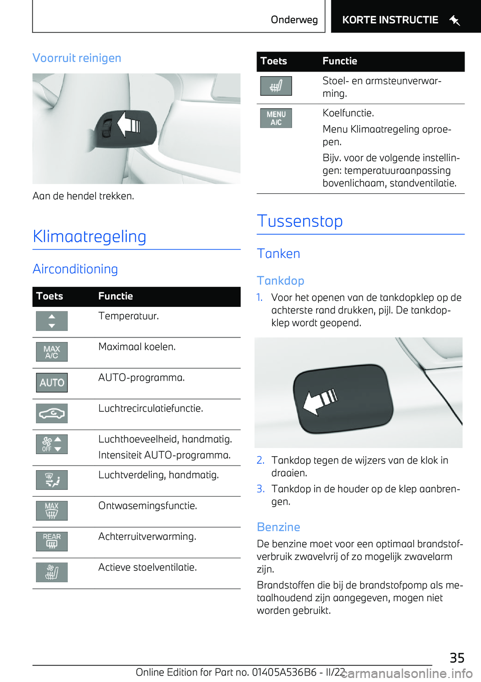 BMW X6 M 2022  Instructieboekjes (in Dutch) Voorruit reinigen
Aan de hendel trekken.Klimaatregeling
Airconditioning
ToetsFunctieTemperatuur.Maximaal koelen.AUTO