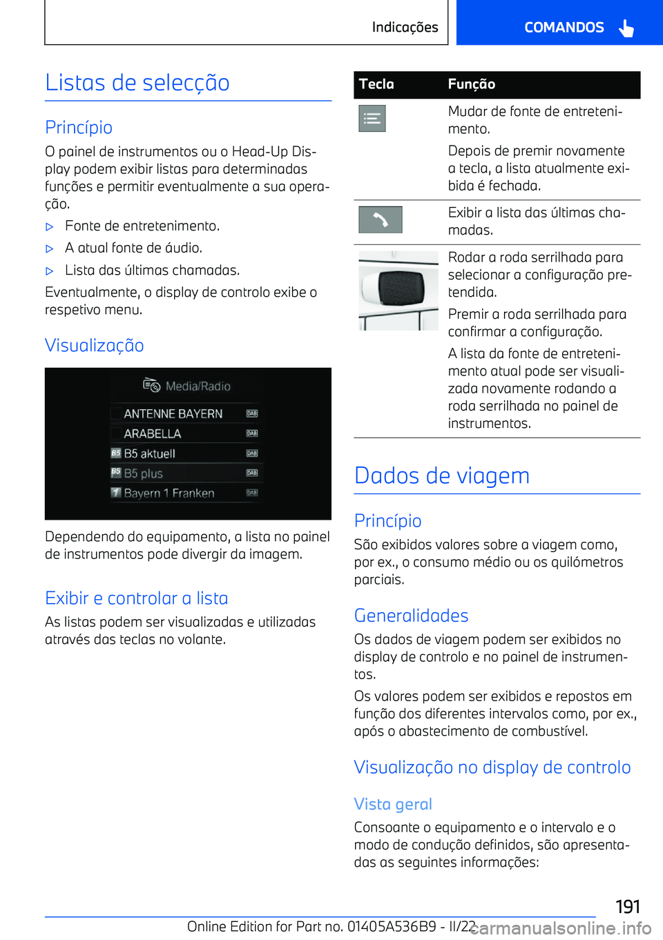 BMW X6 M 2022  Manual do condutor (in Portuguese) Listas de selec