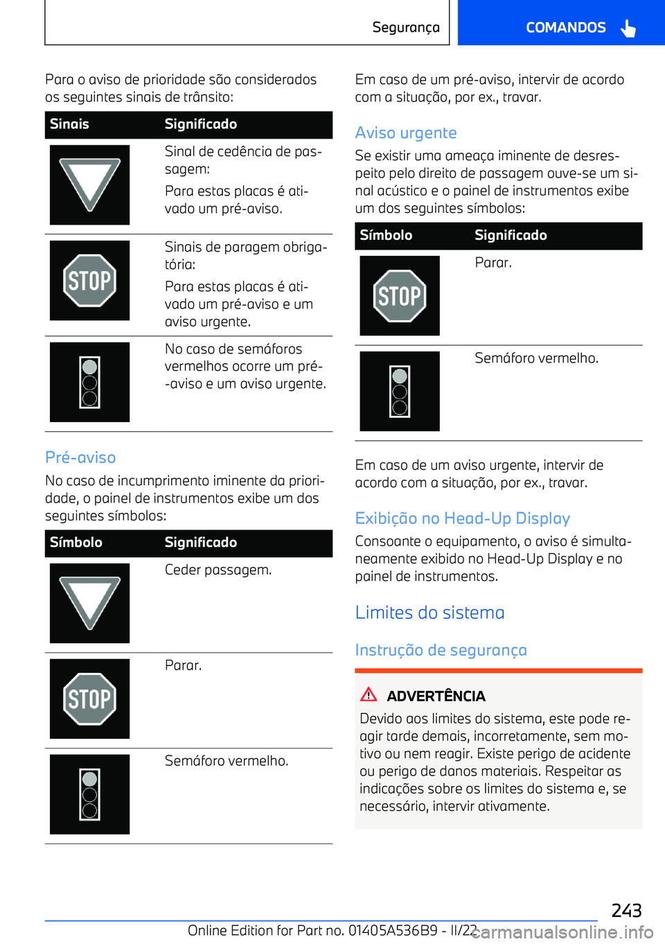 BMW X6 M 2022  Manual do condutor (in Portuguese) Para o aviso de prioridade s@o considerados
os seguintes sinais de tr nsito:SinaisSignificadoSinal de ced