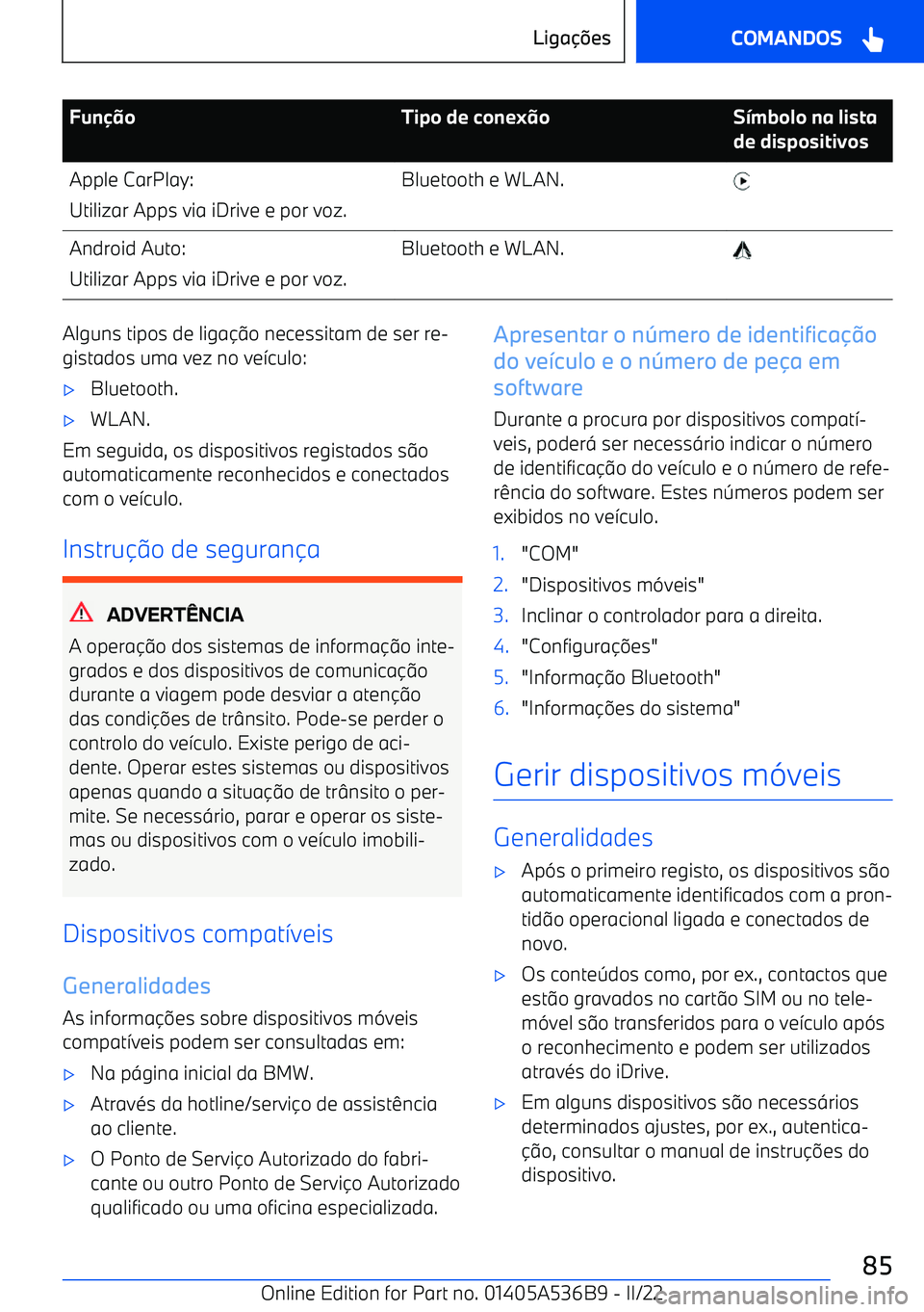 BMW X6 M 2022  Manual do condutor (in Portuguese) FunoTipo de conex oS mbolo na lista
de dispositivosApple CarPlay:
Utilizar Apps via iDrive e por voz.Bluetooth e WLAN. Android Auto:
Utilizar Apps via iDrive e por voz.Bluetooth e WLAN. Alguns tip