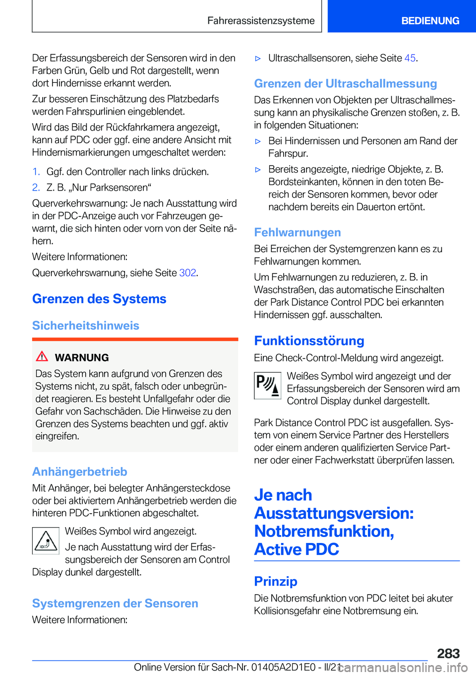 BMW X6 M 2021  Betriebsanleitungen (in German) �D�e�r��E�r�f�a�s�s�u�n�g�s�b�e�r�e�i�c�h��d�e�r��S�e�n�s�o�r�e�n��w�i�r�d��i�n��d�e�n�F�a�r�b�e�n��G�r�
