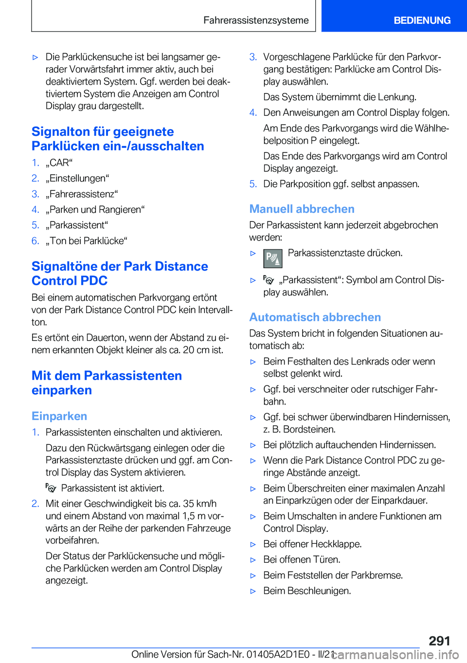 BMW X6 M 2021  Betriebsanleitungen (in German) 'x�D�i�e��P�a�r�k�l�