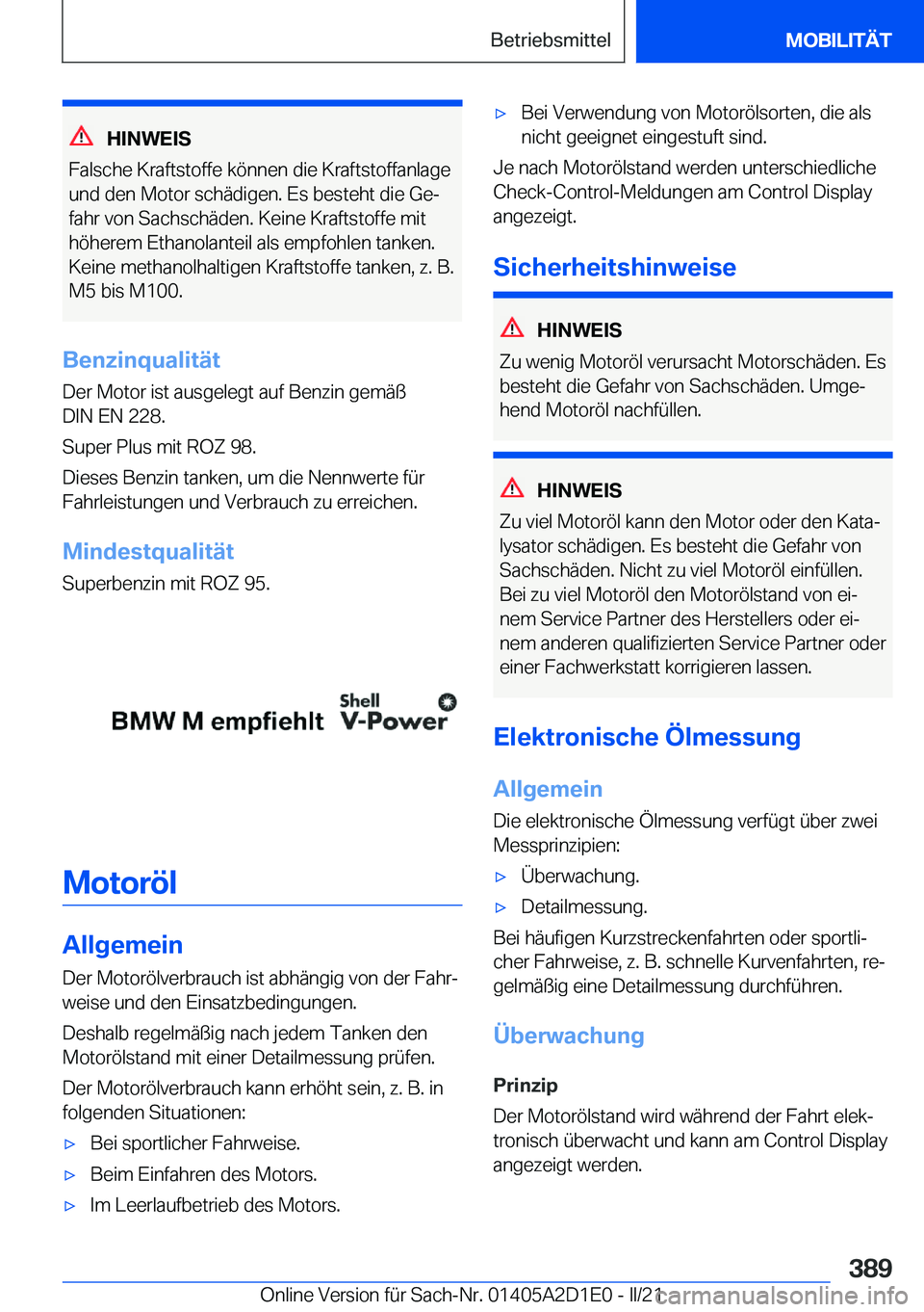 BMW X6 M 2021  Betriebsanleitungen (in German) �H�I�N�W�E�I�S
�F�a�l�s�c�h�e��K�r�a�f�t�s�t�o�f�f�e��k�