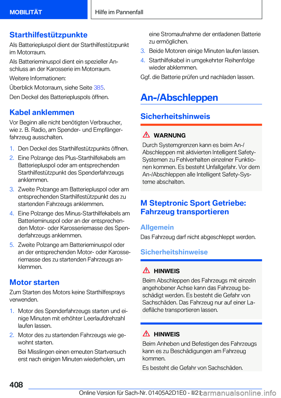 BMW X6 M 2021  Betriebsanleitungen (in German) �S�t�a�r�t�h�i�l�f�e�s�t�
