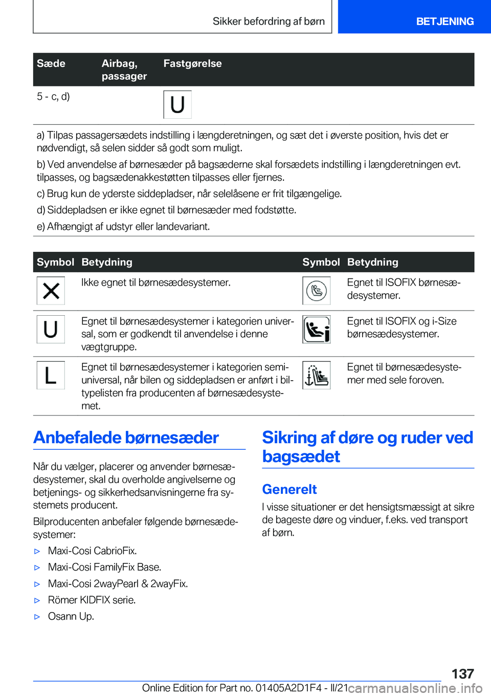 BMW X6 M 2021  InstruktionsbØger (in Danish) �S�æ�d�e�A�i�r�b�a�g�,
�p�a�s�s�a�g�e�r�F�a�s�t�g�