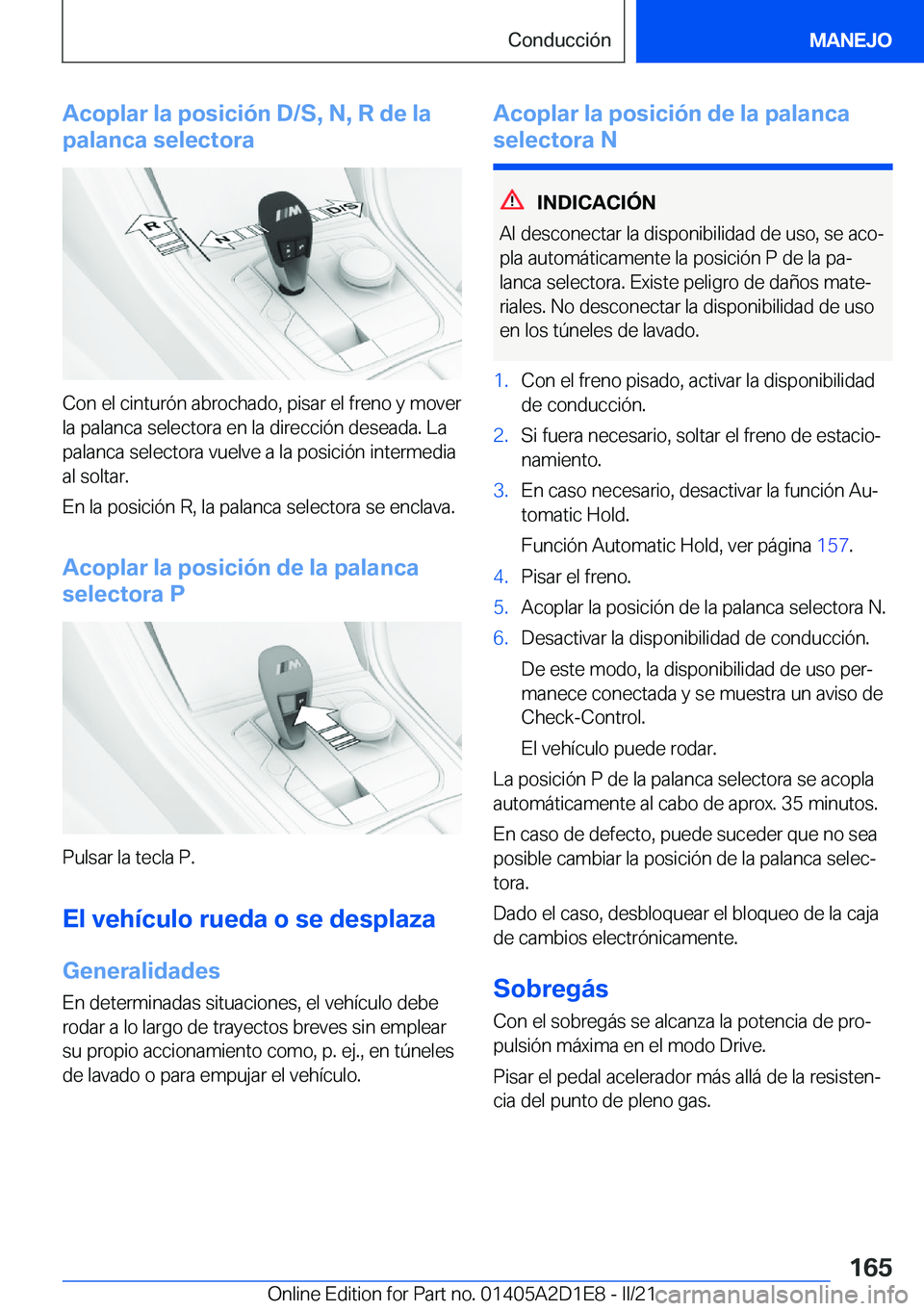 BMW X6 M 2021  Manuales de Empleo (in Spanish) �A�c�o�p�l�a�r��l�a��p�o�s�i�c�i�