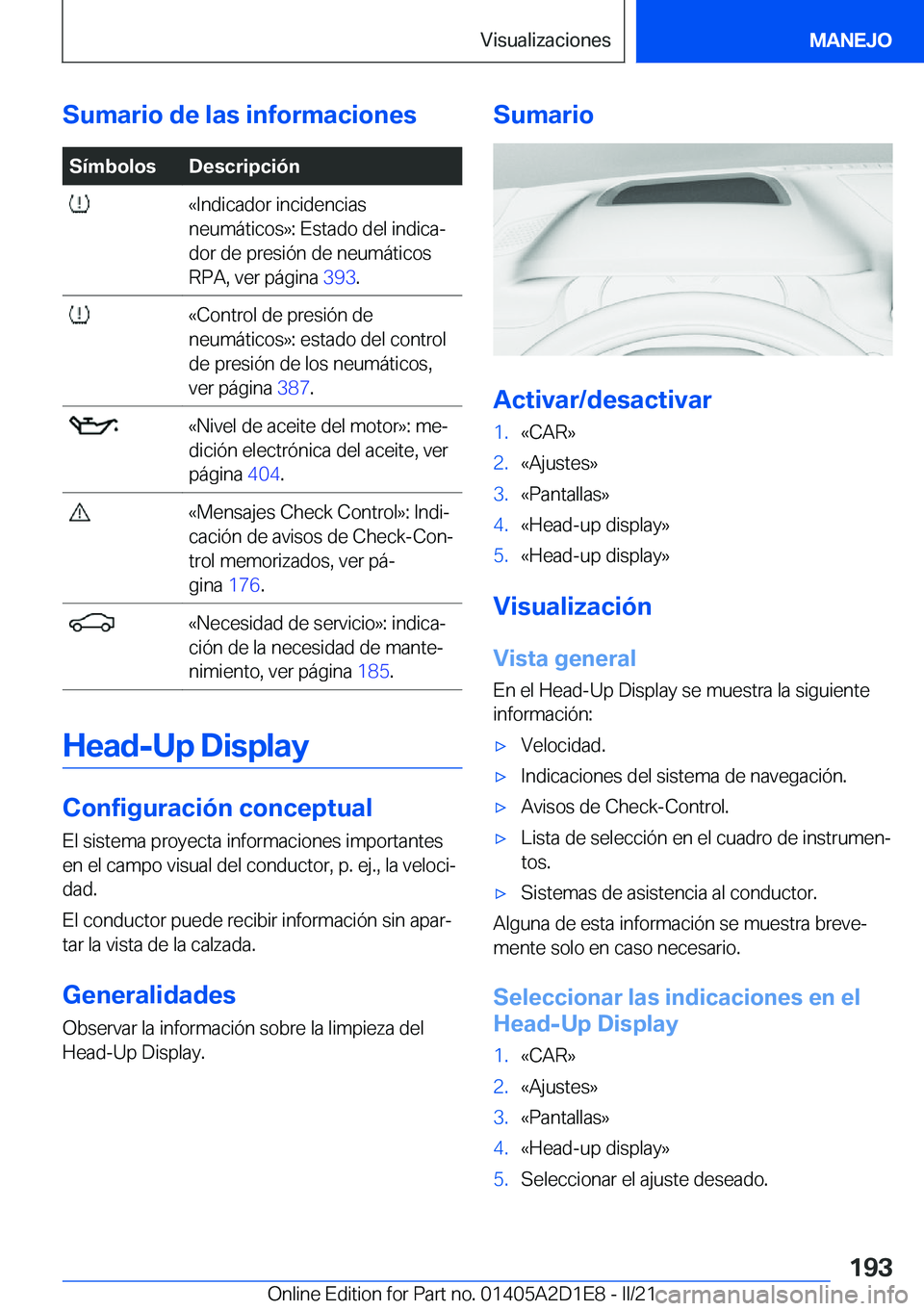 BMW X6 M 2021  Manuales de Empleo (in Spanish) �S�u�m�a�r�i�o��d�e��l�a�s��i�n�f�o�r�m�a�c�i�o�n�e�s�S�