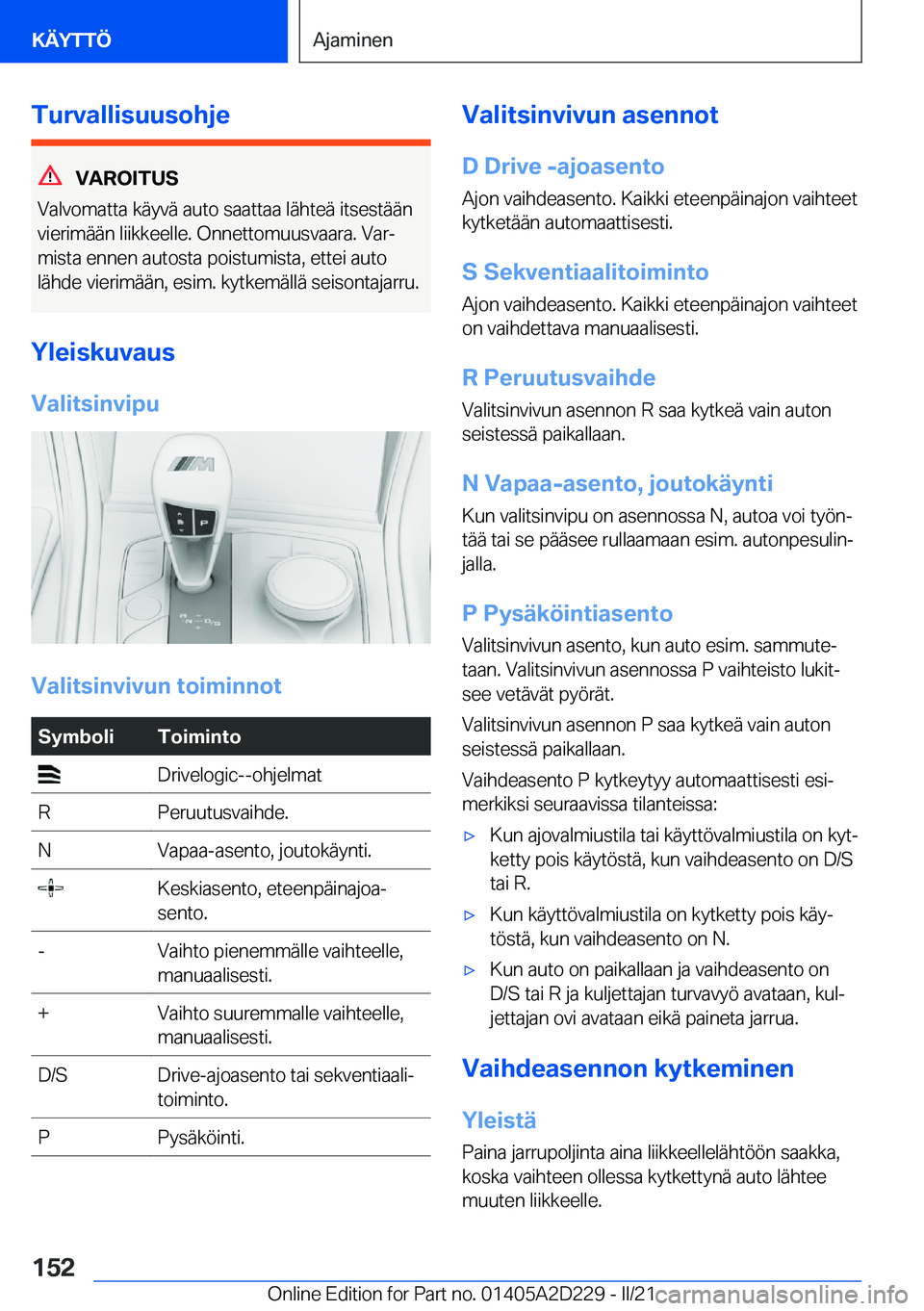 BMW X6 M 2021  Omistajan Käsikirja (in Finnish) �T�u�r�v�a�l�l�i�s�u�u�s�o�h�j�e
�V�A�R�O�I�T�U�S
�V�a�l�v�o�m�a�t�t�a��k�