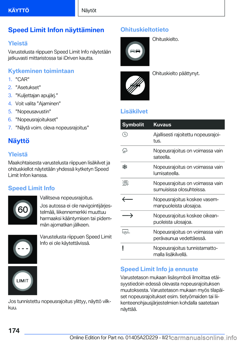 BMW X6 M 2021  Omistajan Käsikirja (in Finnish) �S�p�e�e�d��L�i�m�i�t��I�n�f�o�n��n�