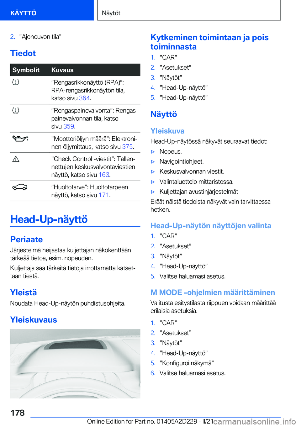 BMW X6 M 2021  Omistajan Käsikirja (in Finnish) �2�.w�A�j�o�n�e�u�v�o�n��t�i�l�aw
�T�i�e�d�o�t
�S�y�m�b�o�l�i�t�K�u�v�a�u�s�w�R�e�n�g�a�s�r�i�k�k�o�n�