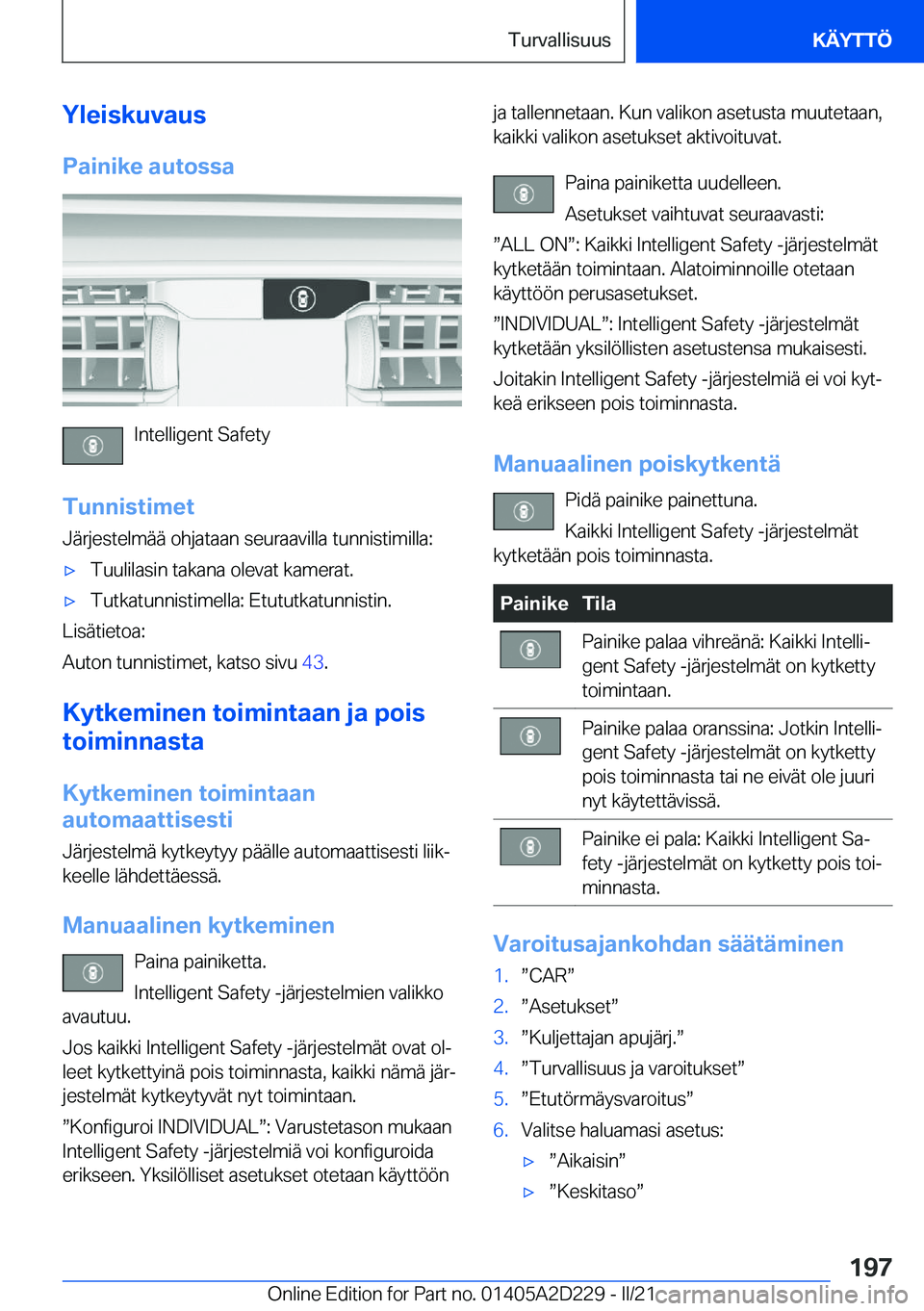BMW X6 M 2021  Omistajan Käsikirja (in Finnish) �Y�l�e�i�s�k�u�v�a�u�s
�P�a�i�n�i�k�e��a�u�t�o�s�s�a
�I�n�t�e�l�l�i�g�e�n�t��S�a�f�e�t�y
�T�u�n�n�i�s�t�i�m�e�t
�J�