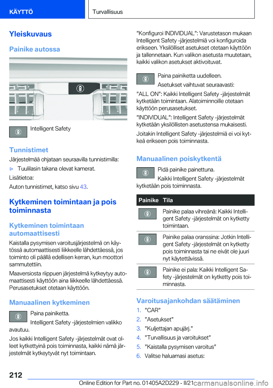 BMW X6 M 2021  Omistajan Käsikirja (in Finnish) �Y�l�e�i�s�k�u�v�a�u�s
�P�a�i�n�i�k�e��a�u�t�o�s�s�a
�I�n�t�e�l�l�i�g�e�n�t��S�a�f�e�t�y
�T�u�n�n�i�s�t�i�m�e�t
�J�