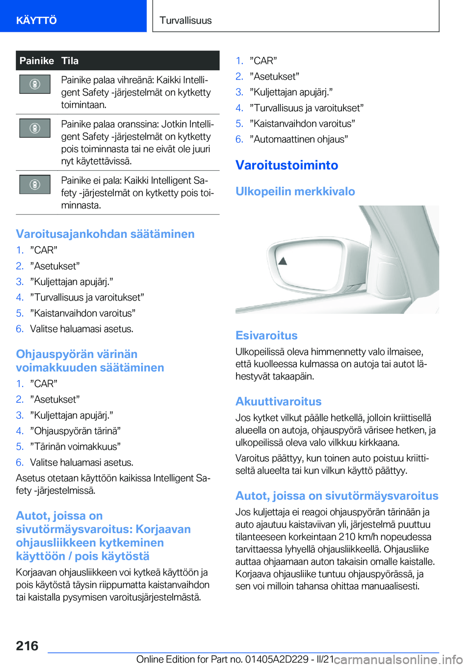 BMW X6 M 2021  Omistajan Käsikirja (in Finnish) �P�a�i�n�i�k�e�T�i�l�a�P�a�i�n�i�k�e��p�a�l�a�a��v�i�h�r�e�
