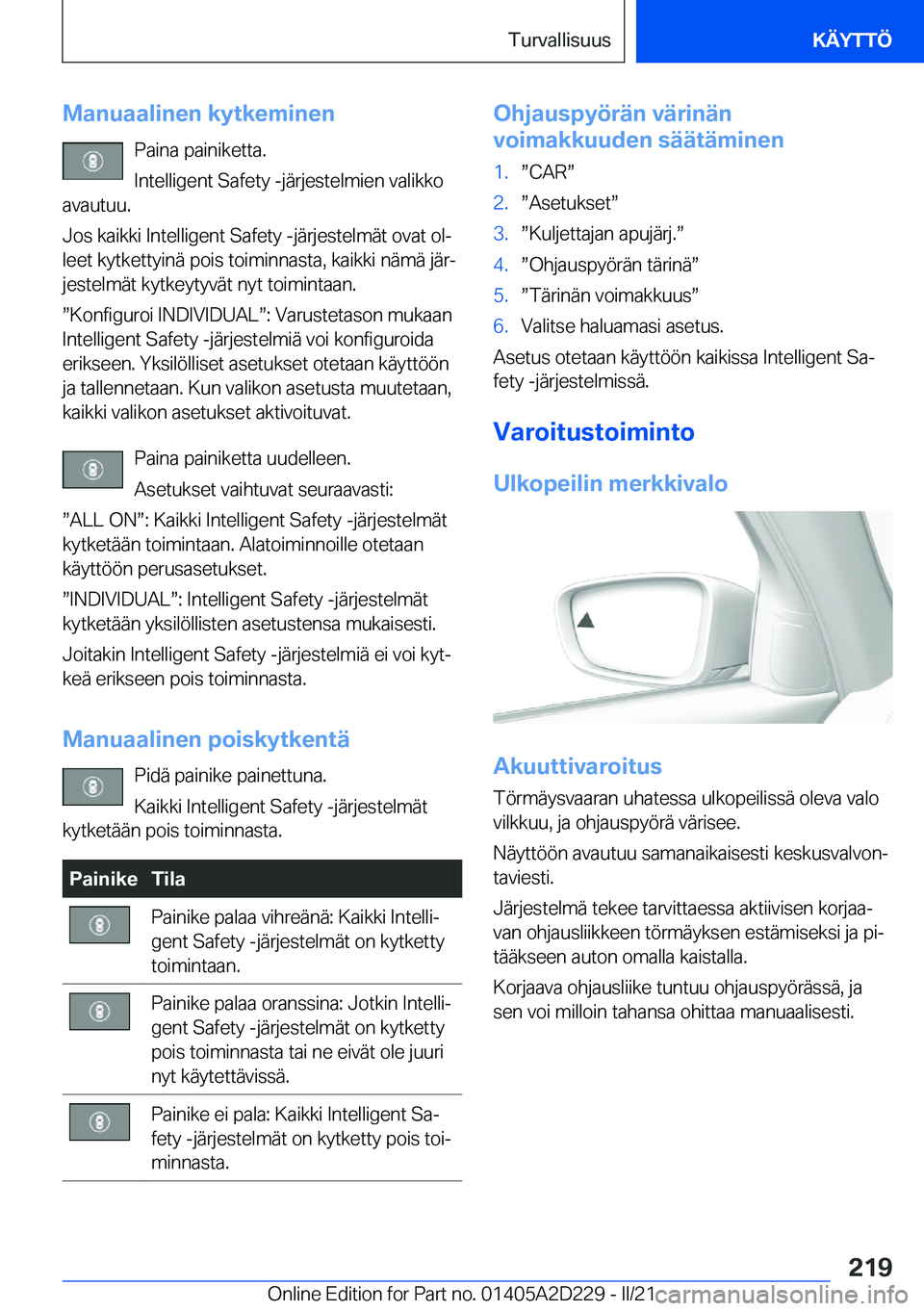 BMW X6 M 2021  Omistajan Käsikirja (in Finnish) �M�a�n�u�a�a�l�i�n�e�n��k�y�t�k�e�m�i�n�e�n�P�a�i�n�a��p�a�i�n�i�k�e�t�t�a�.
�I�n�t�e�l�l�i�g�e�n�t��S�a�f�e�t�y��-�j�