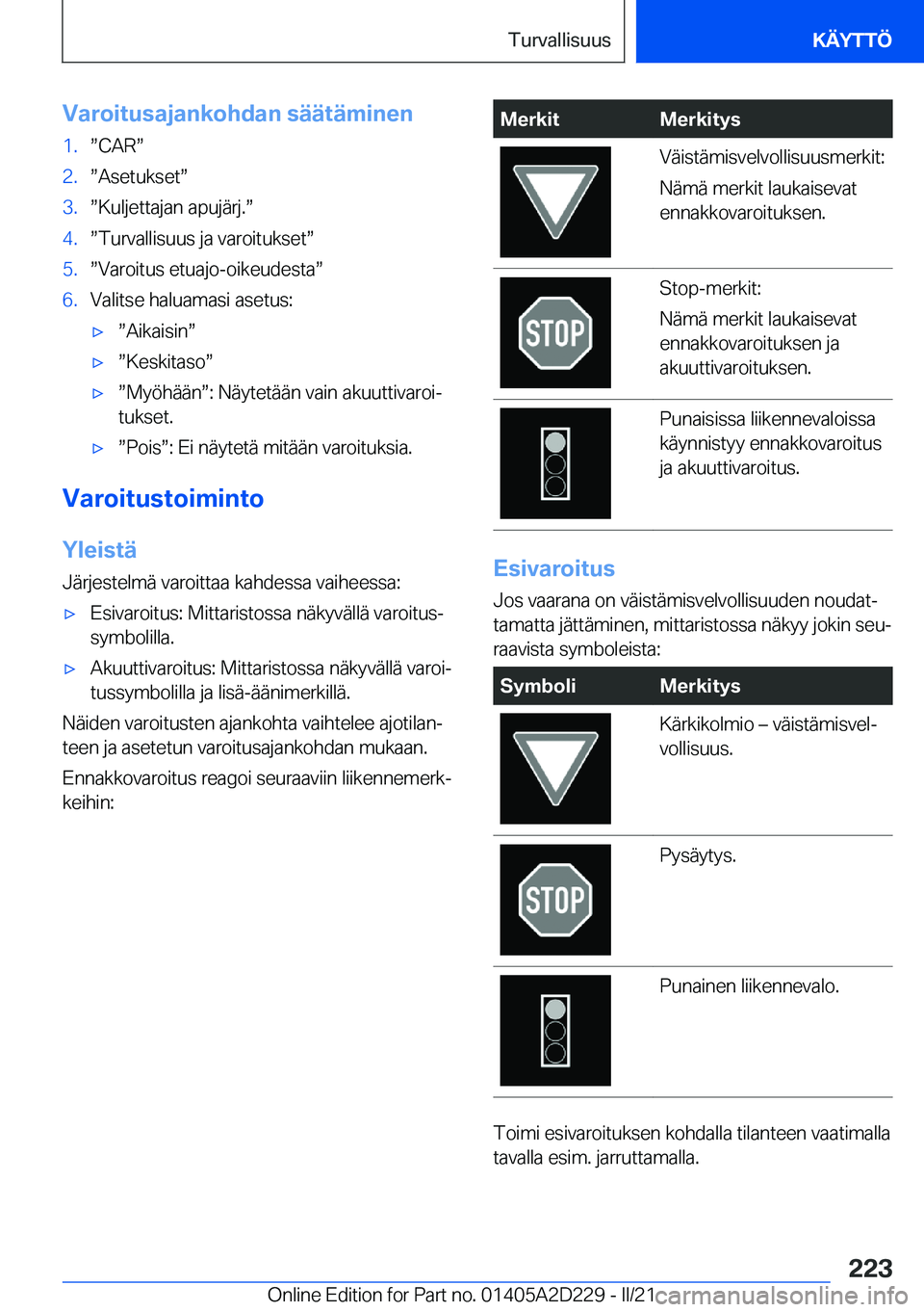 BMW X6 M 2021  Omistajan Käsikirja (in Finnish) �V�a�r�o�i�t�u�s�a�j�a�n�k�o�h�d�a�n��s�