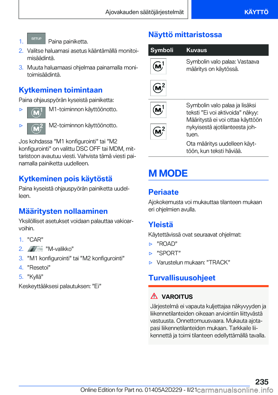 BMW X6 M 2021  Omistajan Käsikirja (in Finnish) �1�.���P�a�i�n�a��p�a�i�n�i�k�e�t�t�a�.�2�.�V�a�l�i�t�s�e��h�a�l�u�a�m�a�s�i��a�s�e�t�u�s��k�