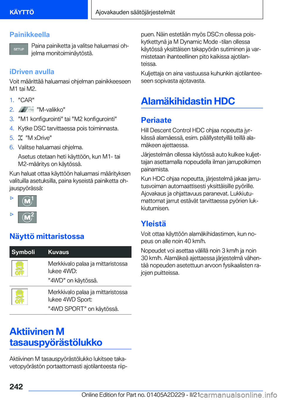 BMW X6 M 2021  Omistajan Käsikirja (in Finnish) �P�a�i�n�i�k�k�e�e�l�l�a�P�a�i�n�a��p�a�i�n�i�k�e�t�t�a��j�a��v�a�l�i�t�s�e��h�a�l�u�a�m�a�s�i��o�hj
�j�e�l�m�a��m�o�n�i�t�o�i�m�i�n�