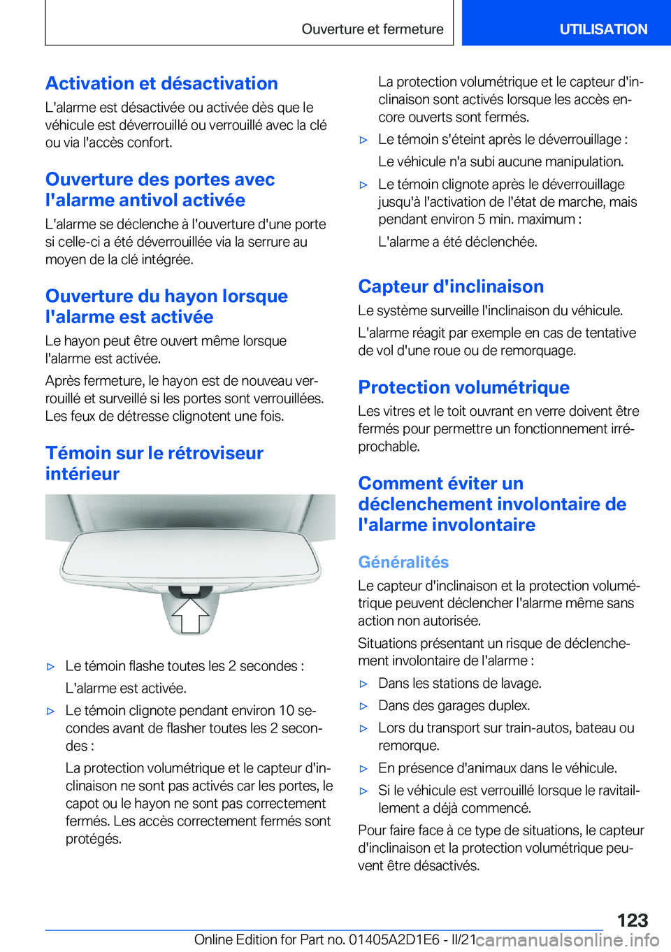 BMW X6 M 2021  Notices Demploi (in French) �A�c�t�i�v�a�t�i�o�n��e�t��d�é�s�a�c�t�i�v�a�t�i�o�n�L�'�a�l�a�r�m�e��e�s�t��d�é�s�a�c�t�i�v�é�e��o�u��a�c�t�i�v�é�e��d�è�s��q�u�e��l�e�v�é�h�i�c�u�l�e��e�s�t��d�é�v�e�r�r�o�u�i�