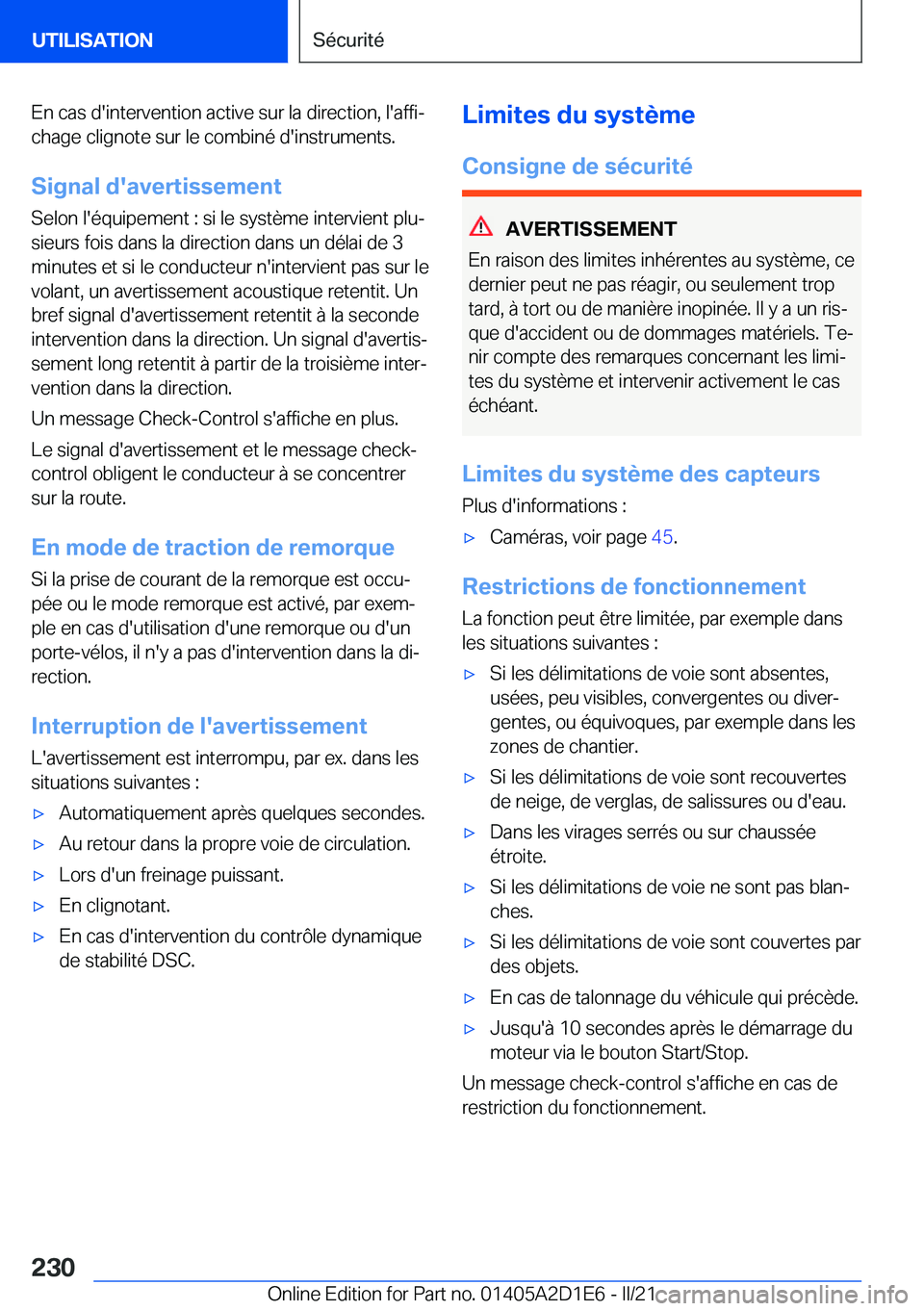 BMW X6 M 2021  Notices Demploi (in French) �E�n��c�a�s��d�'�i�n�t�e�r�v�e�n�t�i�o�n��a�c�t�i�v�e��s�u�r��l�a��d�i�r�e�c�t�i�o�n�,��l�'�a�f�f�ij
�c�h�a�g�e��c�l�i�g�n�o�t�e��s�u�r��l�e��c�o�m�b�i�n�é��d�'�i�n�s�t�r�u�m