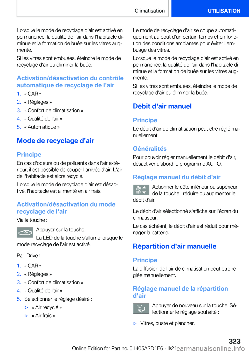 BMW X6 M 2021  Notices Demploi (in French) �L�o�r�s�q�u�e��l�e��m�o�d�e��d�e��r�e�c�y�c�l�a�g�e��d�'�a�i�r��e�s�t��a�c�t�i�v�é��e�n�p�e�r�m�a�n�e�n�c�e�,��l�a��q�u�a�l�i�t�é��d�e��l�'�a�i�r��d�a�n�s��l�'�h�a�b�i�t�a
