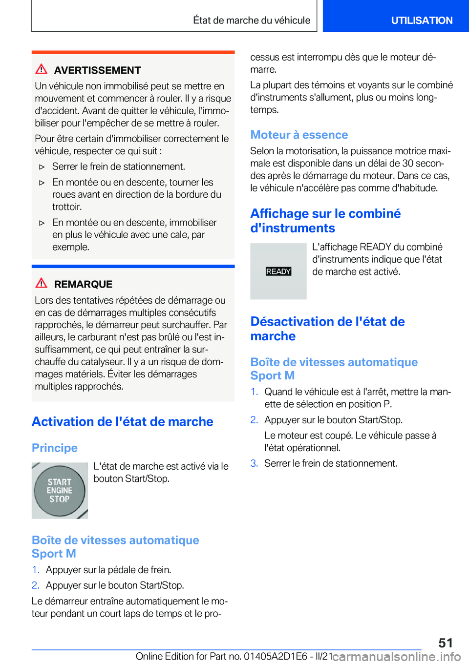 BMW X6 M 2021  Notices Demploi (in French) �A�V�E�R�T�I�S�S�E�M�E�N�T
�U�n��v�é�h�i�c�u�l�e��n�o�n��i�m�m�o�b�i�l�i�s�é��p�e�u�t��s�e��m�e�t�t�r�e��e�n
�m�o�u�v�e�m�e�n�t��e�t��c�o�m�m�e�n�c�e�r��
