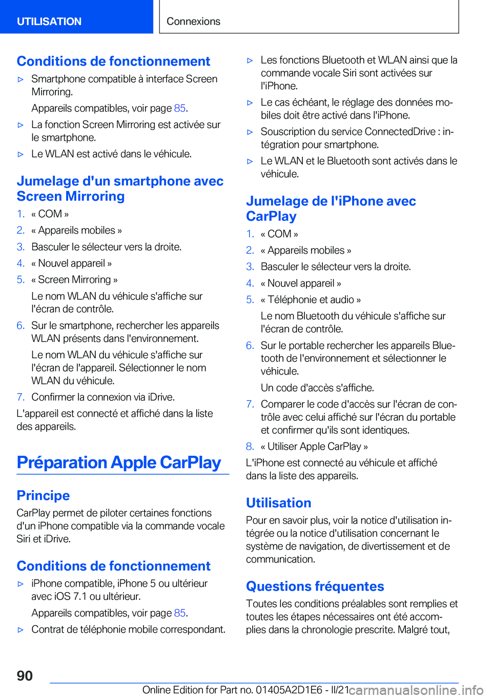 BMW X6 M 2021  Notices Demploi (in French) �C�o�n�d�i�t�i�o�n�s��d�e��f�o�n�c�t�i�o�n�n�e�m�e�n�t'x�S�m�a�r�t�p�h�o�n�e��c�o�m�p�a�t�i�b�l�e��