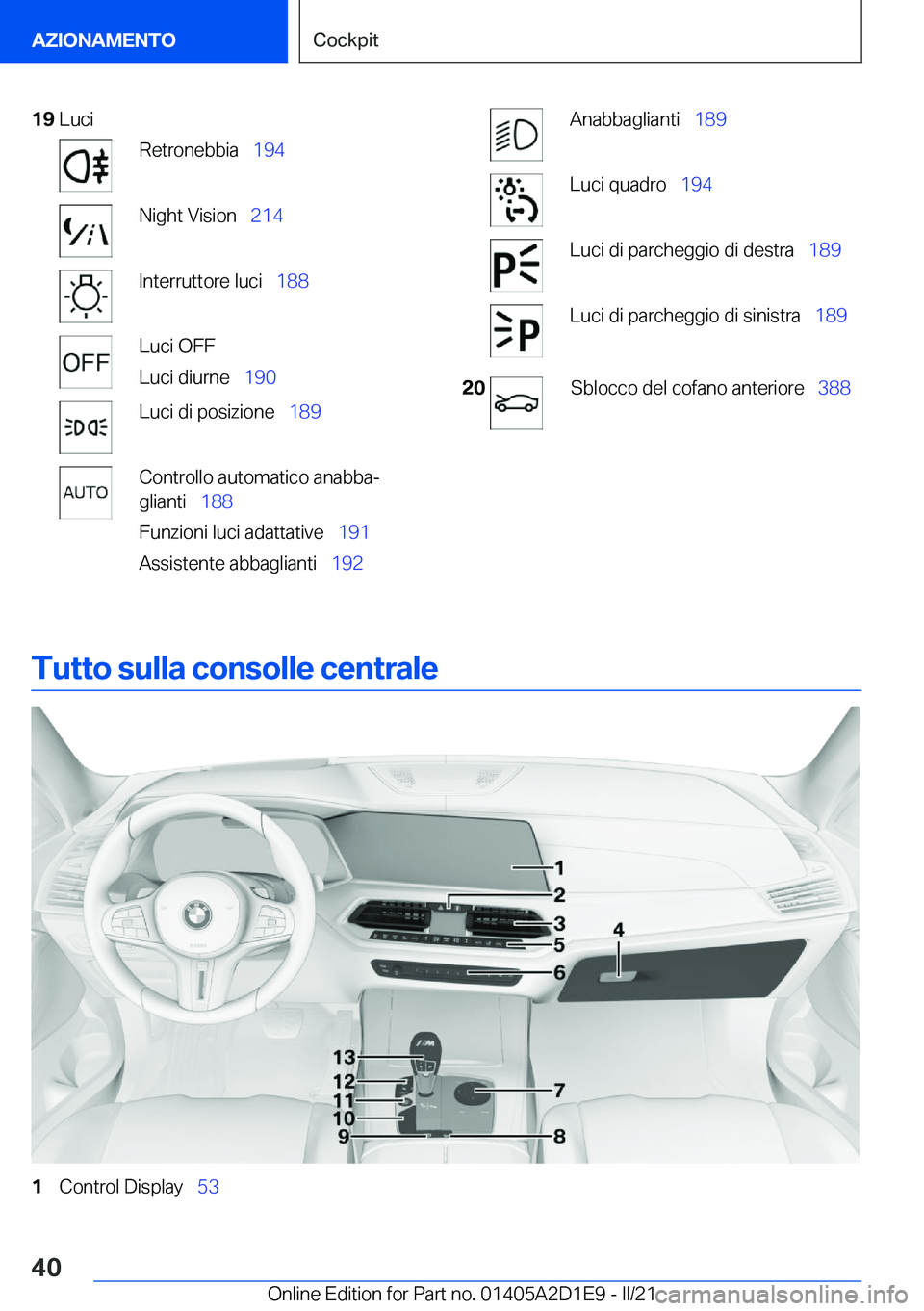 BMW X6 M 2021  Libretti Di Uso E manutenzione (in Italian) �1�9�L�u�c�i�R�e�t�r�o�n�e�b�b�i�a\_�1�9�4�N�i�g�h�t��V�i�s�i�o�n\_�2�1�4�I�n�t�e�r�r�u�t�t�o�r�e��l�u�c�i\_ �1�8�8�L�u�c�i��O�F�F
�L�u�c�i��d�i�u�r�n�e\_ �1�9�0�L�u�c�i��d�i��p�o�s�i�z�