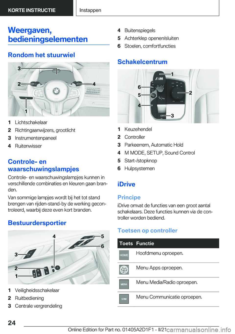 BMW X6 M 2021  Instructieboekjes (in Dutch) �W�e�e�r�g�a�v�e�n�,�b�e�d�i�e�n�i�n�g�s�e�l�e�m�e�n�t�e�n
�R�o�n�d�o�m��h�e�t��s�t�u�u�r�w�i�e�l
�1�L�i�c�h�t�s�c�h�a�k�e�l�a�a�r�2�R�i�c�h�t�i�n�g�a�a�n�w�i�j�z�e�r�s�,��g�r�o�o�t�l�i�c�h�t�3�I�n