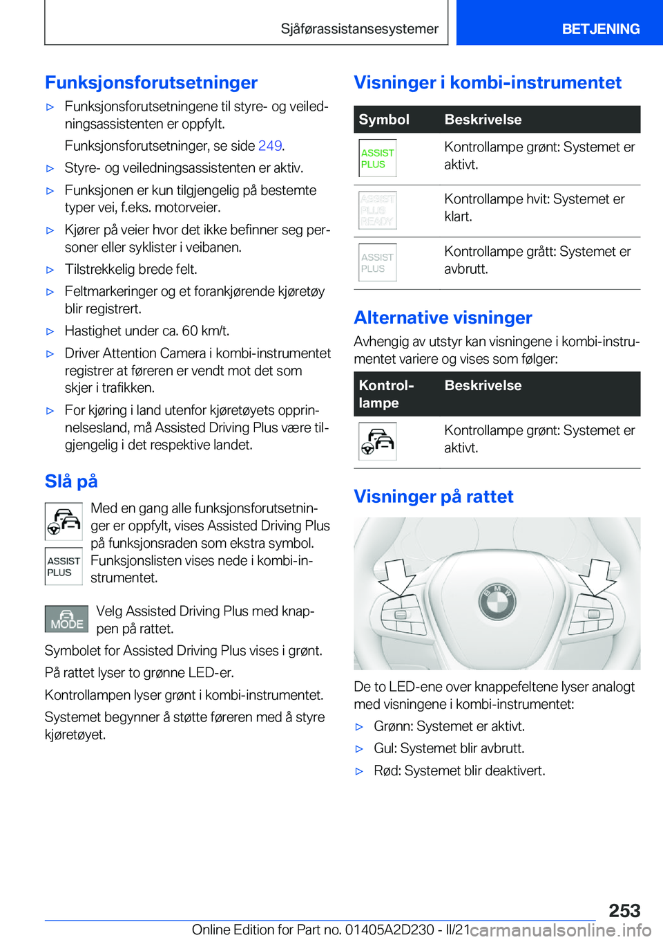 BMW X6 M 2021  InstruksjonsbØker (in Norwegian) �F�u�n�k�s�j�o�n�s�f�o�r�u�t�s�e�t�n�i�n�g�e�r'x�F�u�n�k�s�j�o�n�s�f�o�r�u�t�s�e�t�n�i�n�g�e�n�e��t�i�l��s�t�y�r�e�-��o�g��v�e�i�l�e�dj�n�i�n�g�s�a�s�s�i�s�t�e�n�t�e�n��e�r��o�p�p�f�y�l�t�.